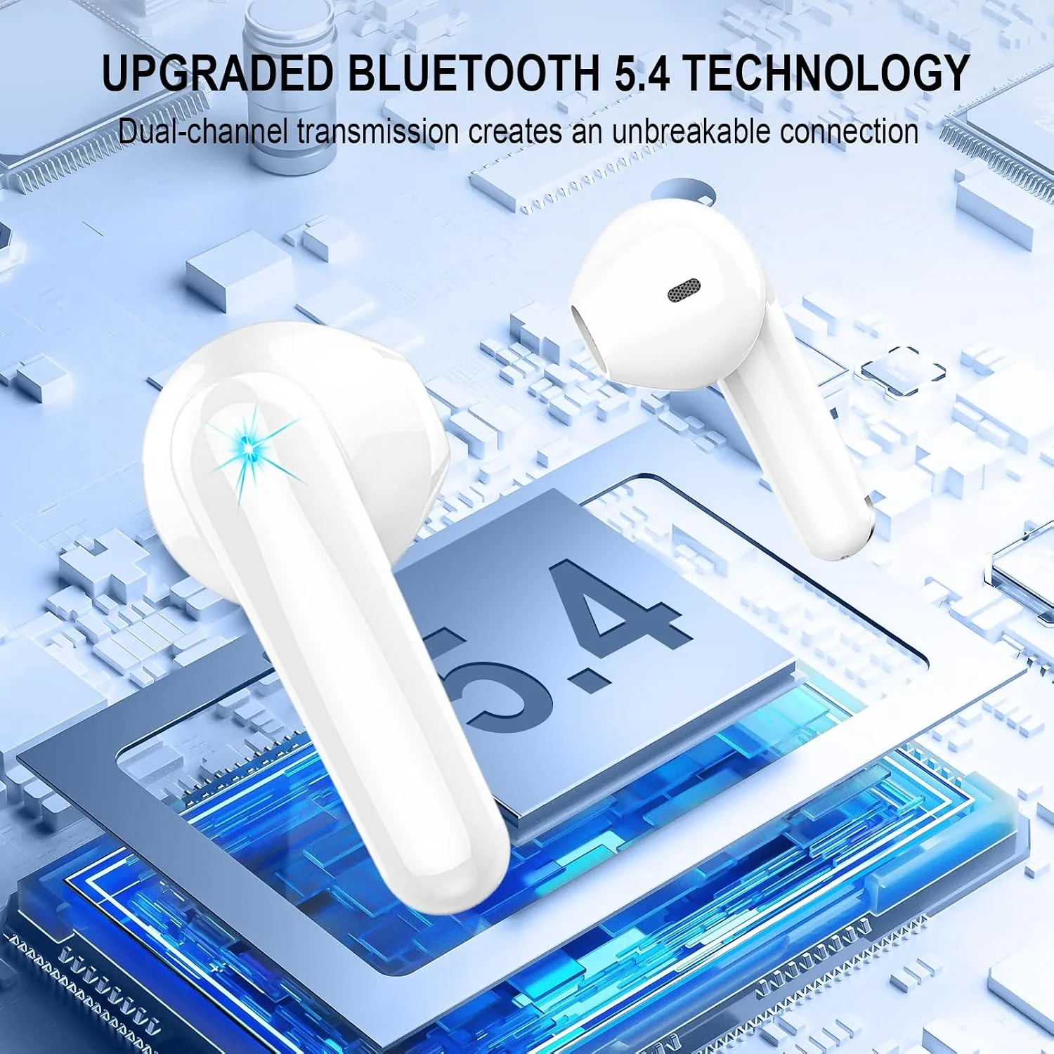 Wireless Earbuds, Bluetooth 5.4 Headphones, 48H, Stereo Ear Buds, LED Display Earphones with Mic, IP7 Waterproof In EarBud, Comfort Fit, Bluetooth Earbuds for Phone Android iOS, Sport, Walk, White