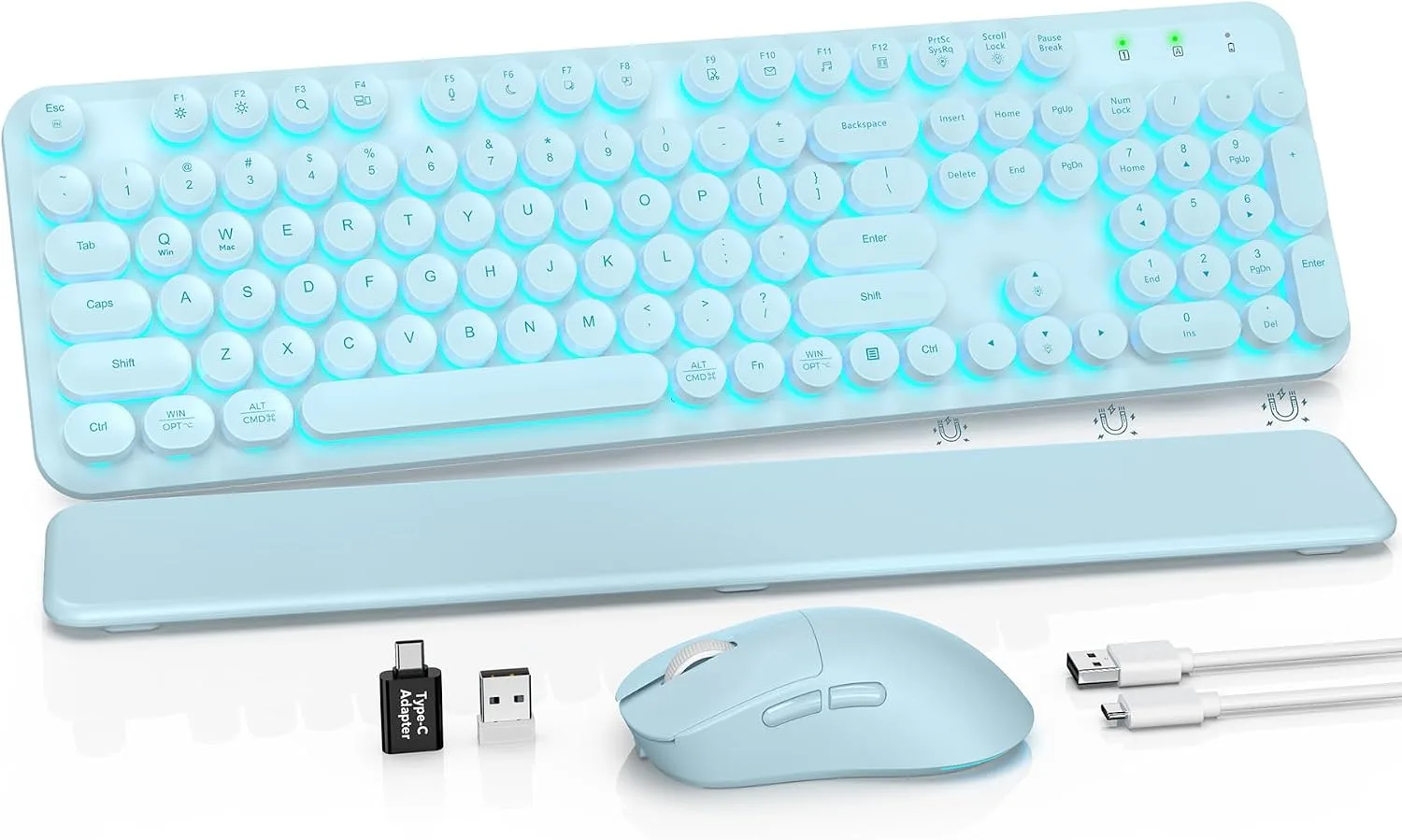Wireless Keyboard and Mouse Combo, Backlit Round Keycaps, Glowing Blue