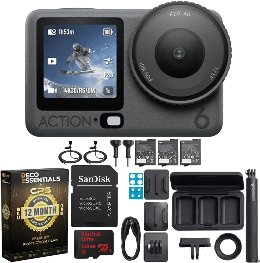 DJI Osmo Action 6 Adventure Combo 4K120fps, 1/1.1" Sensor, f/2-f/4, 4h Battery Bundle w/Sandisk Ultra microSDXC 128GB Memory Card + 2xDeco Essentials Clip-On Mini Lapel Mic +12 Month Protection Pack