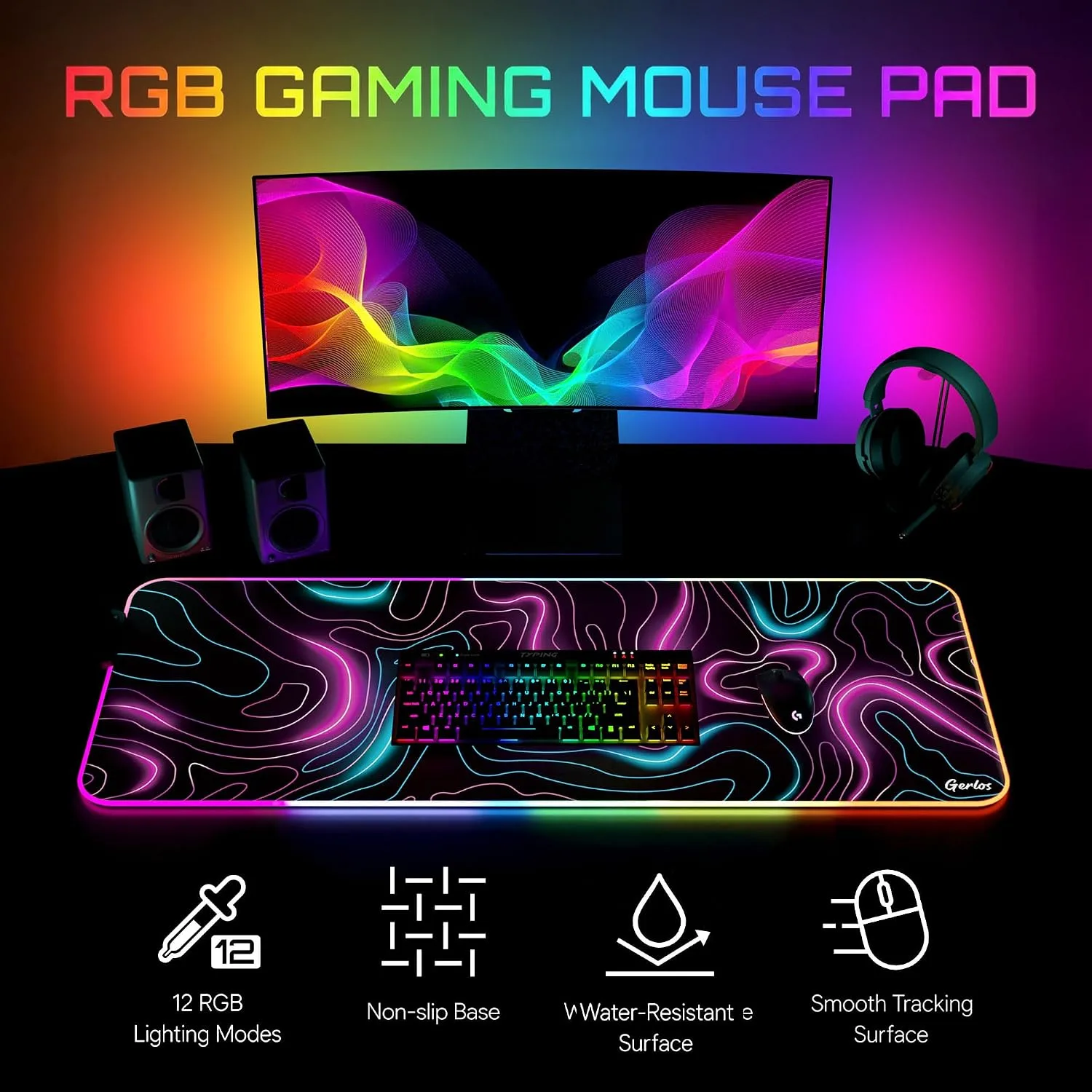 Gerlos RGB Gaming Mouse Pad, Large LED Mouse Pad for Gamer, 31.5" x 11.8"