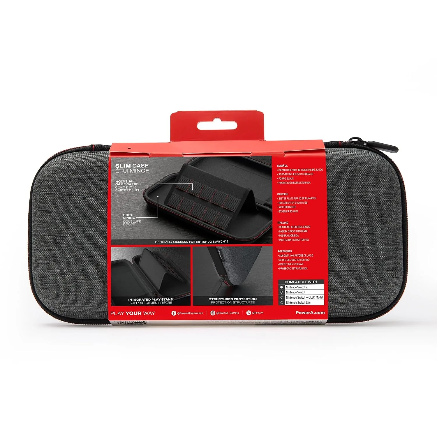 PowerA Slim Case for Nintendo Switch 2 - Dark Heather Grey, Officially Licensed, Protective Case, Holds 10 Game Cards, Padded Screen Protector, Built-in Play Stand