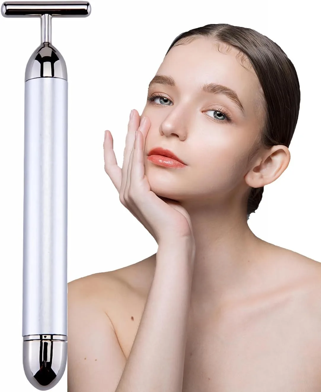 Beauty Bar 24K Gold Facial Massager - Face T Shape Tool for Skin Care Tightening with Ergonomic Design (Silver)