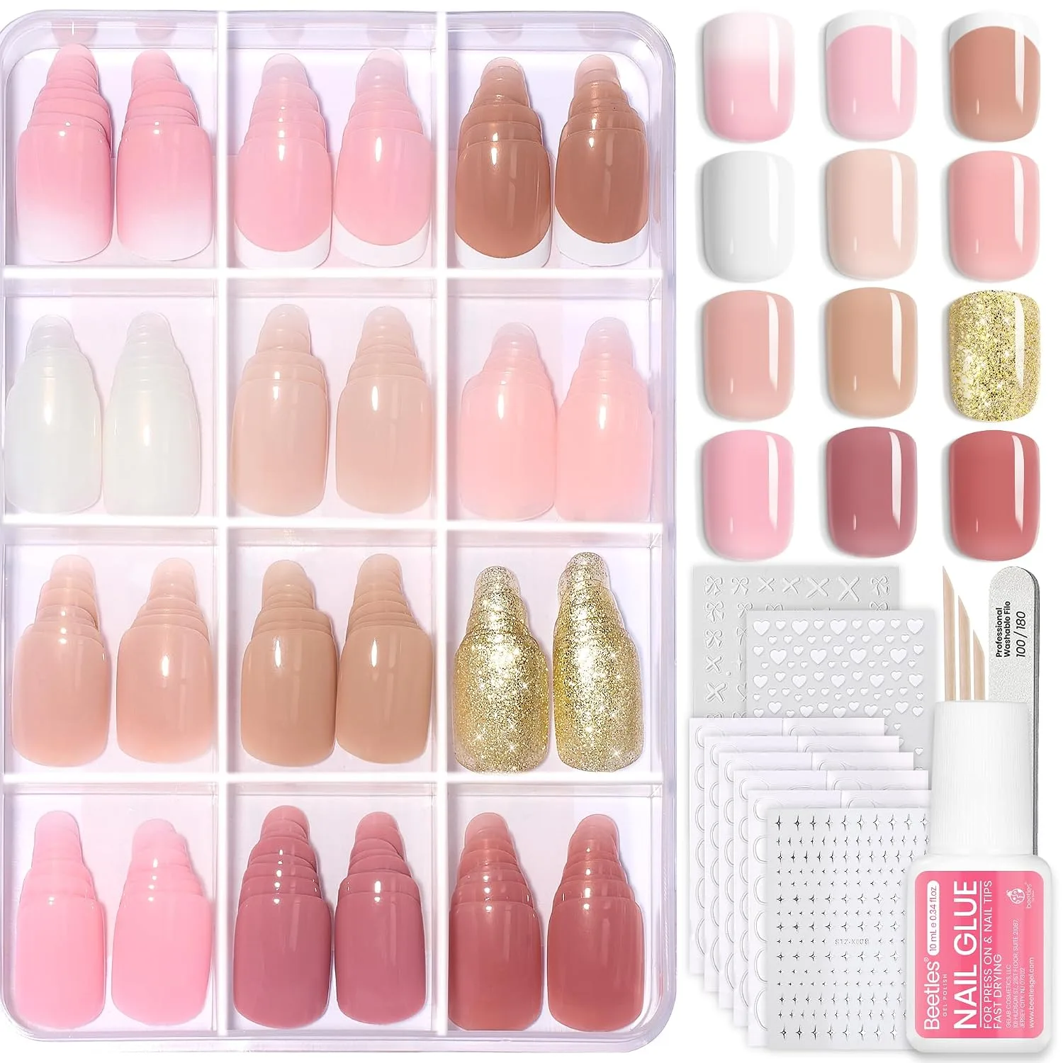 Beetles Press On Nails Kit - Caramel Drift, 360Pcs 12 Colors Short Square