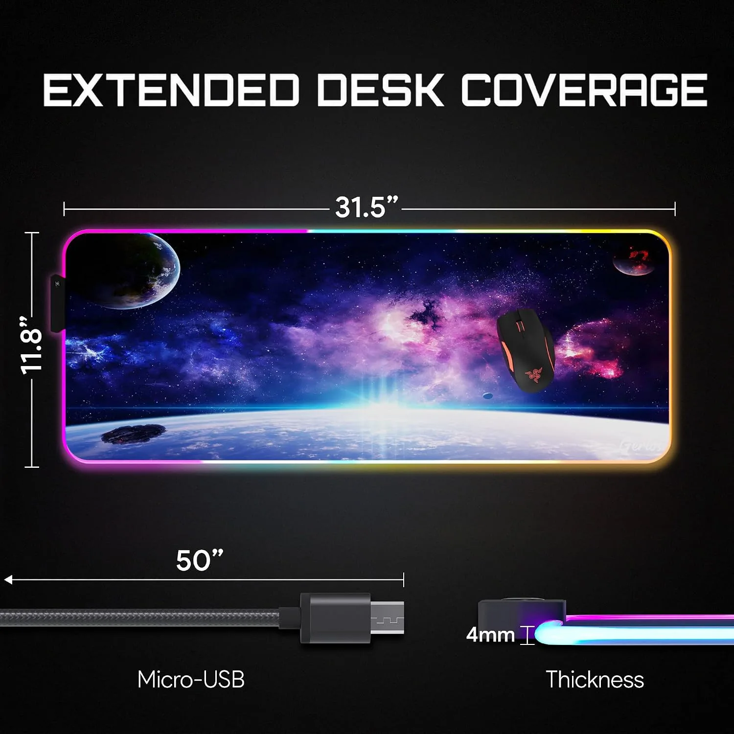 Gerlos RGB Gaming Mouse Pad, Large LED Mouse Pad for Gamer, 31.5" x 11.8"
