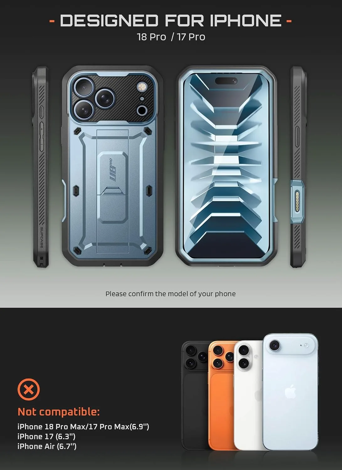 SUPCASE for iPhone 18 Pro Case / 17 Pro Case with Belt Clip, Glacier Blue