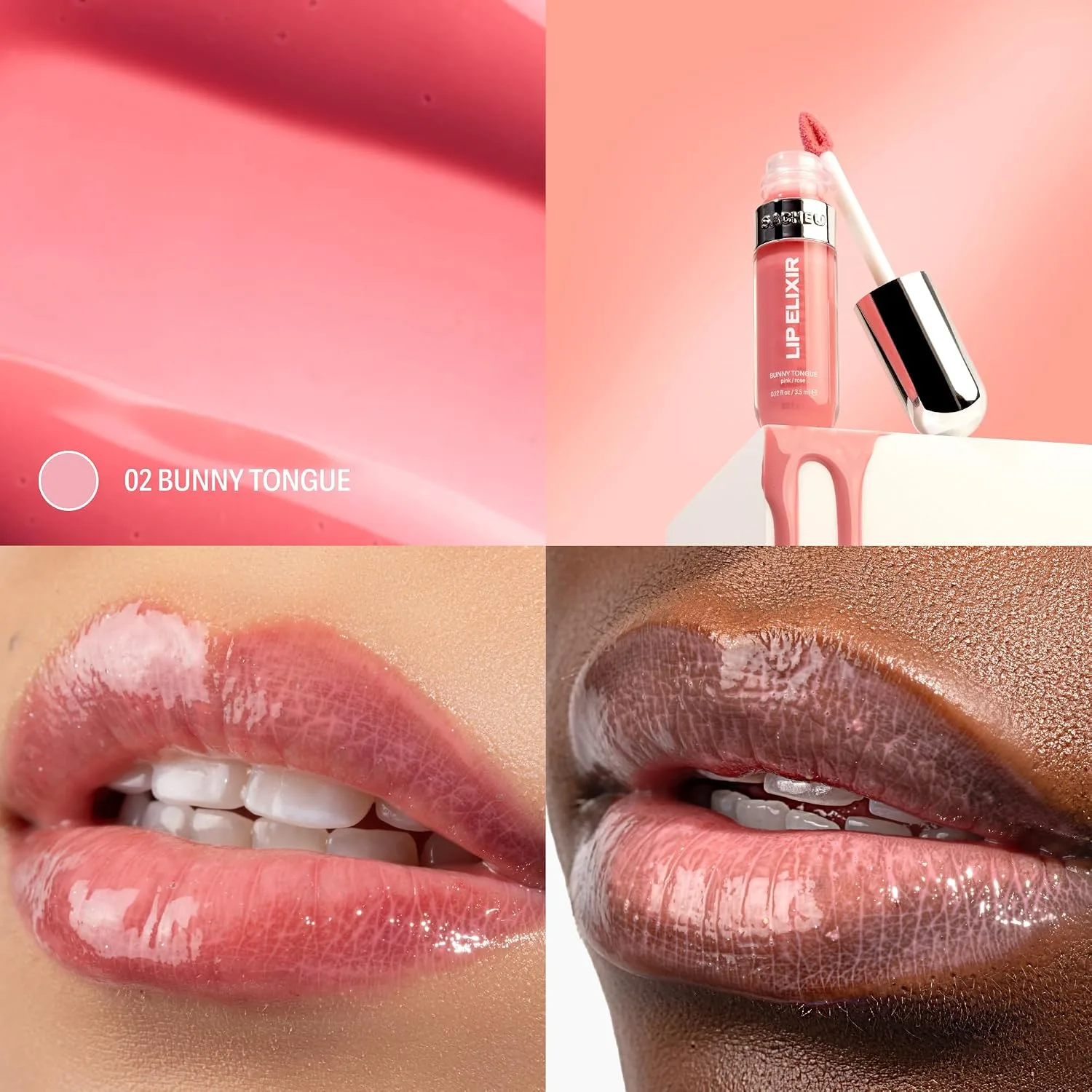 Sacheu Lip Elixir Hydrating Lip Gloss, High-Shine, Clear & Sheer Pink