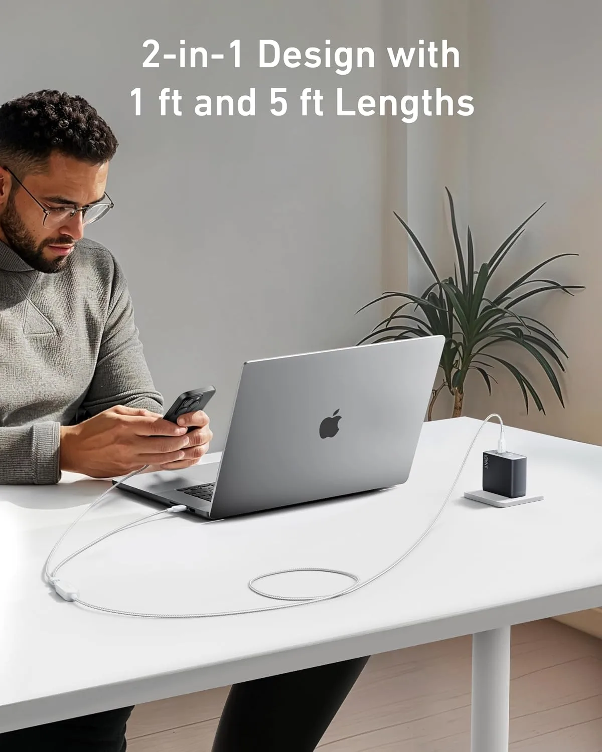 Anker 2-in-1 USB C to USB C Cable, 140W Max (1-Pack, 6 ft, White)