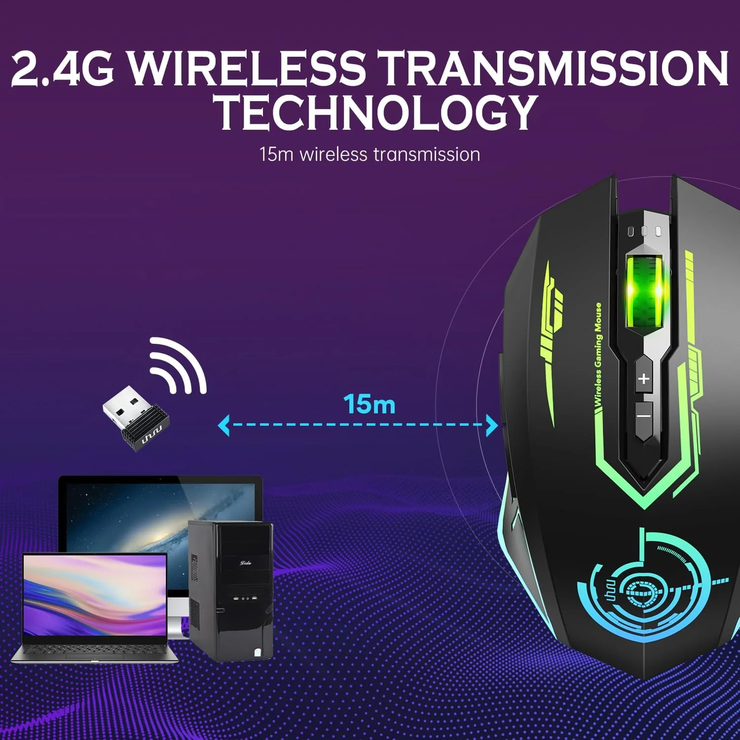 UHURU Wireless Gaming Mouse, Rechargeable 10000 DPI LED PC Mouse