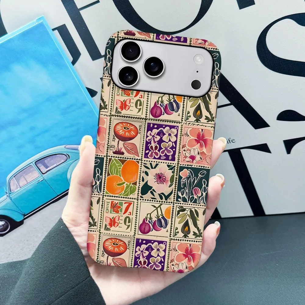 Case Compatible with iPhone 18 Pro Max/iPhone 17 Pro Max,Fall Prevention Hybrid 2-Layer Hard Shell Phone Cover for Girls Boys,Vintage Flower Orange Stamp Collage