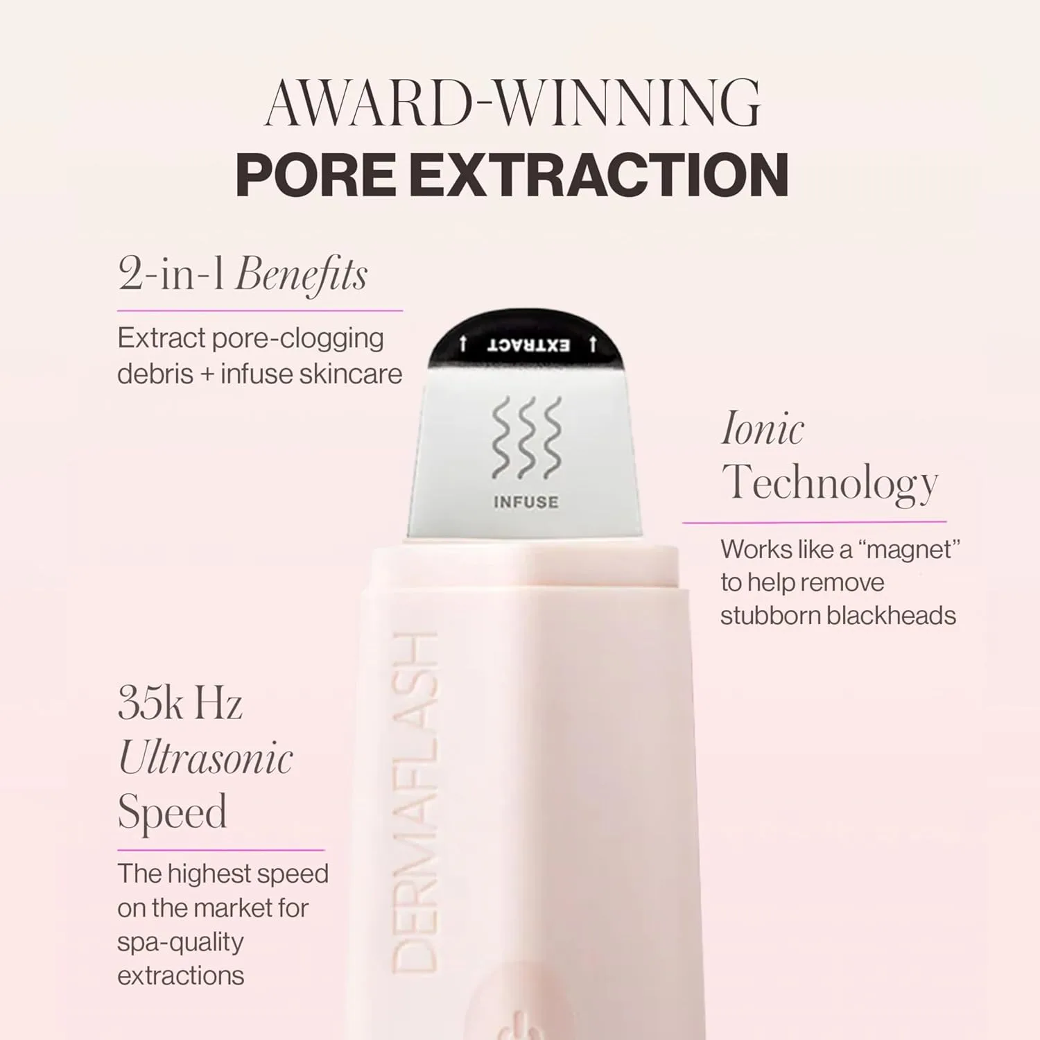 DERMAFLASH DERMAPORE+ Skin Care Device, Ultrasonic 2-in-1 Pore Extractor and Skincare Infuser, Blush