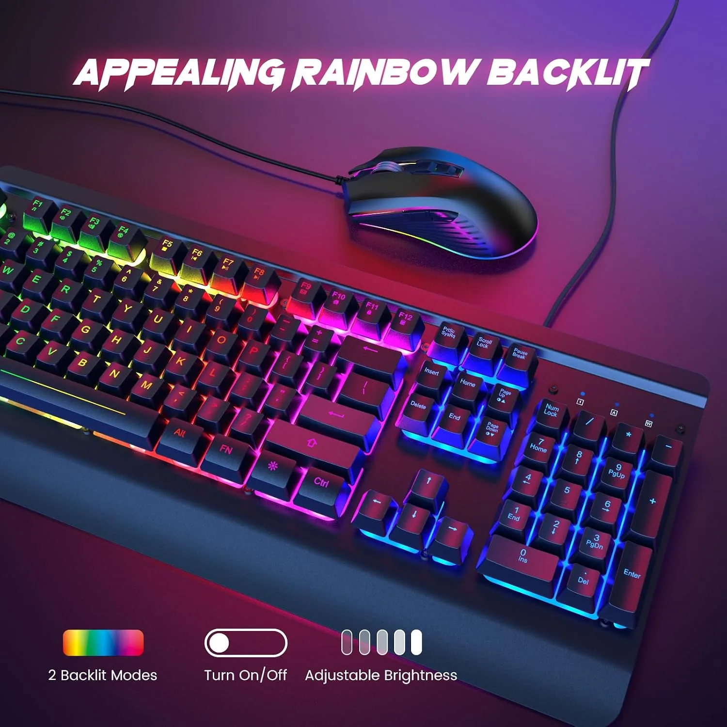 Wired Gaming Combo, 104 Keys, Rainbow Backlit, 4200 DPI, for PC/Mac/Xbox