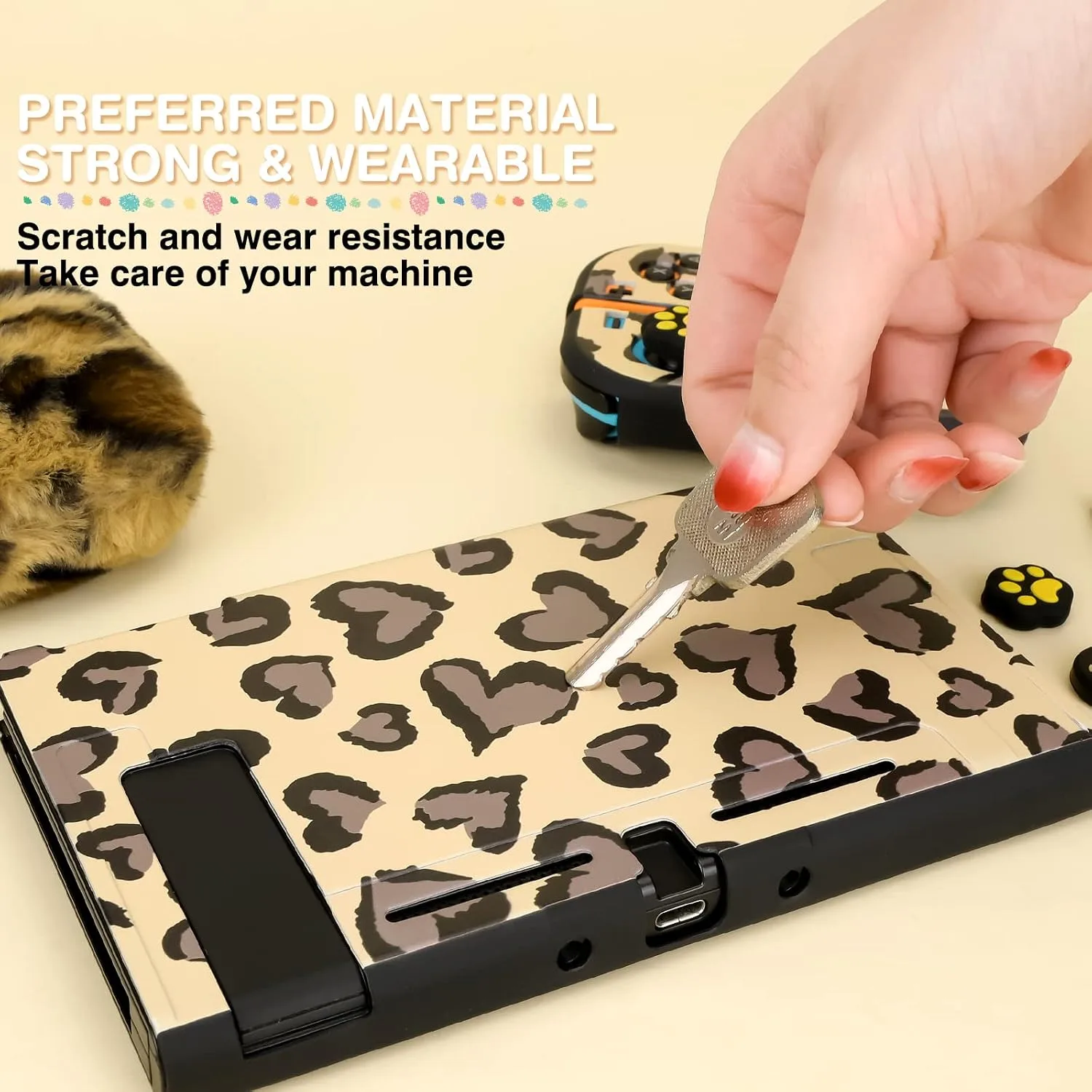 DLseego Brown Love Leopard Carrying Case for Switch, Cute Silicone Protective Soft Cover with 4PCS Thumb Grip Caps and Brown Plush Heart Pendant Hard Storage Case Accessories Kit Bundle for Girls