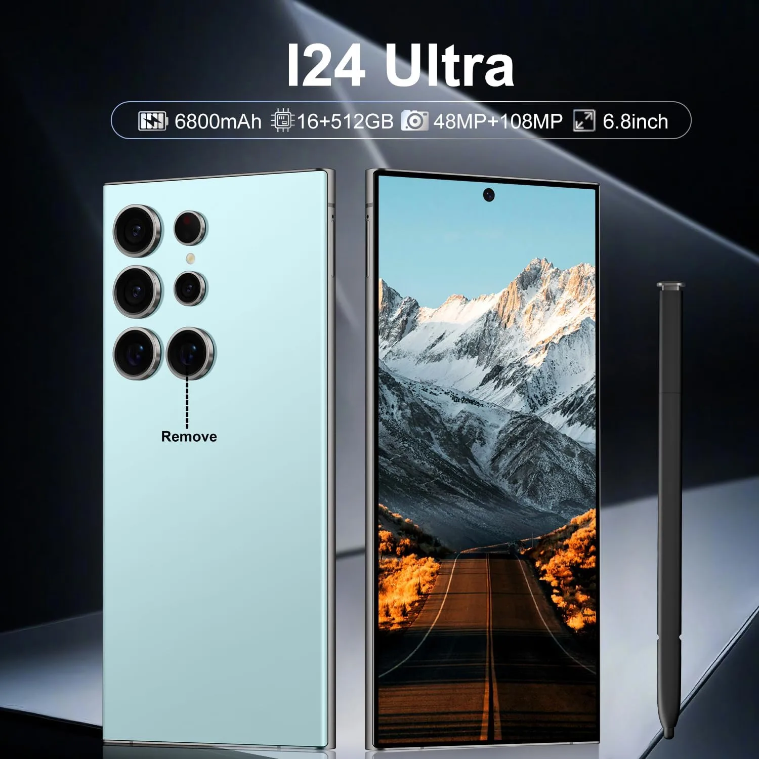 Huness I24 Ultra Unlocked Phone,Built in Pen The Phone,Smartphone Battery 6800mAh 6.8" HD Screen,Android 14 16+512GB with 128GB Memory Card Cell Phone,5G/Face ID/Fingerprint Lock/GPS (Cyan, 16+512)