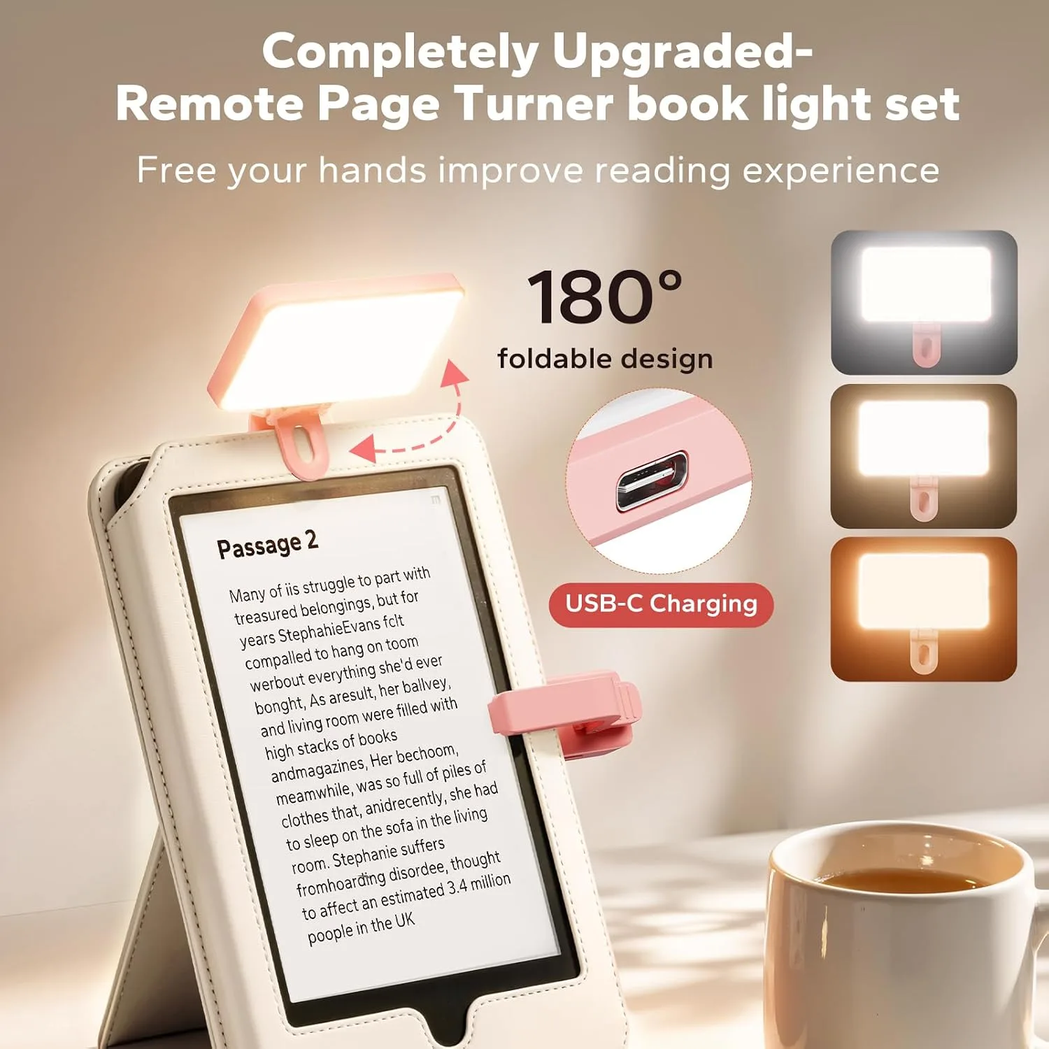 (Fit All Cases) Page Turner for Kindle,Portable Selfie Light,Reading Timer Tracker,Book Light for Kindle,iPad,iOS Android. Clicker for Kindle for Camera Video Recording and Selfie Shutter(K3-Pink)