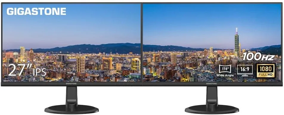 Gigastone 27 inch IPS LED Back Light Monitor 2-Pack 100Hz FHD 1920 x 1080,178°WideView,Frameless, Dual Monitor, MPRT 1ms, Built-in Speakers, Eye Care Technology, Ergonomic Tilt VESA Mount, HDMI VGA
