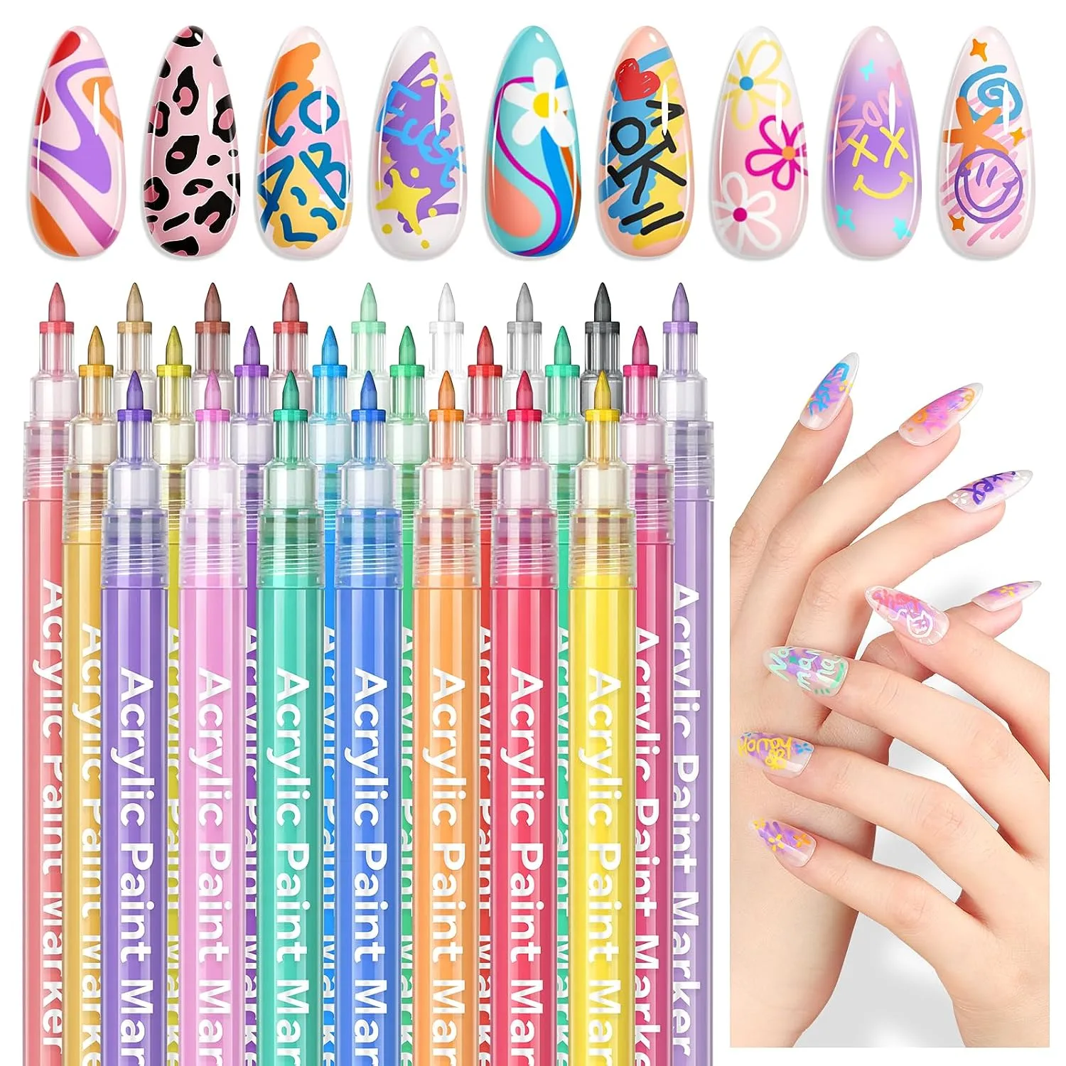 SAVILAND 24 Colors Nail Art Pens Set, 0.7mm Fine Tip Nail Polish Pens