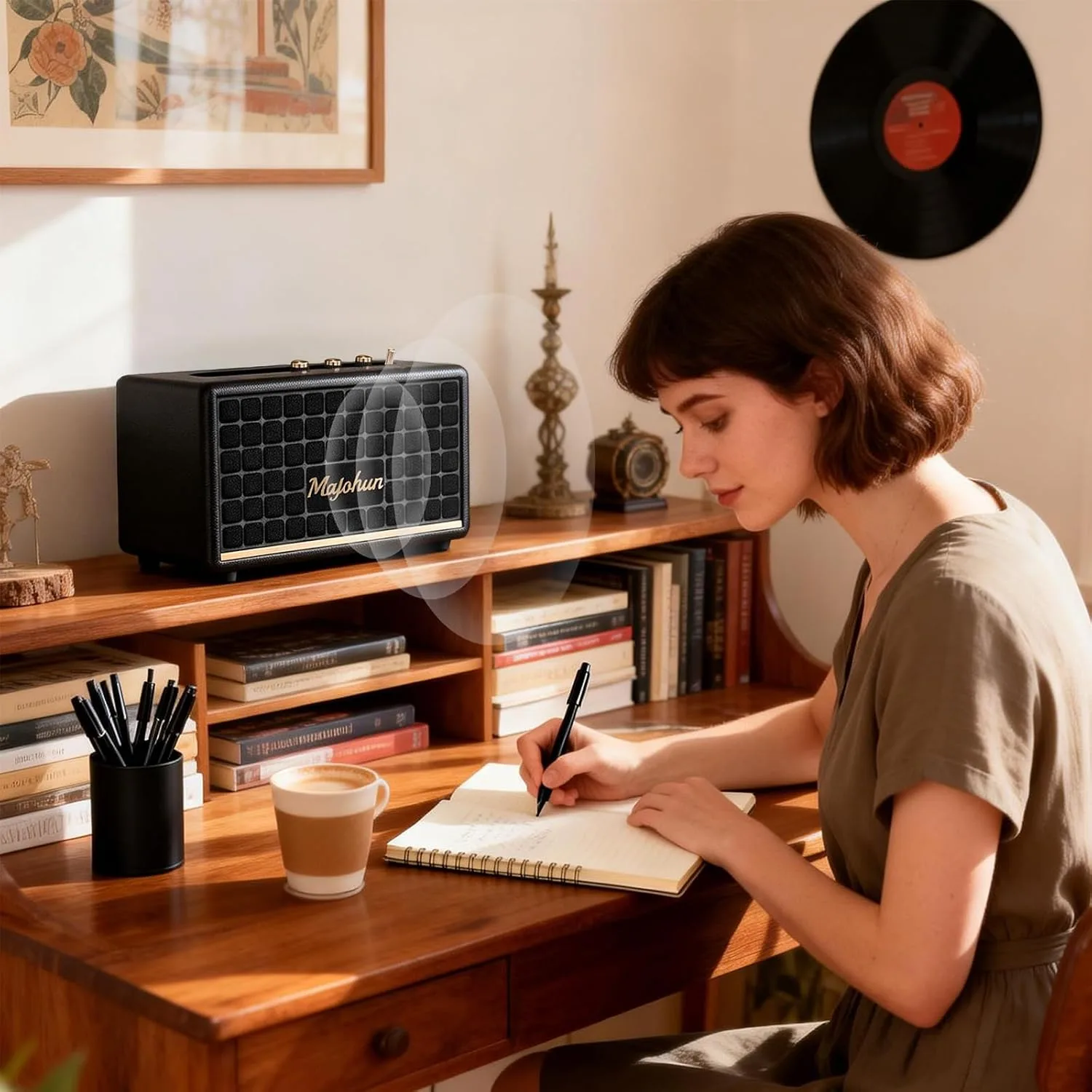 100W Peak Wood Bluetooth 5.4 Speaker, Vintage TWS Stereo (Black)