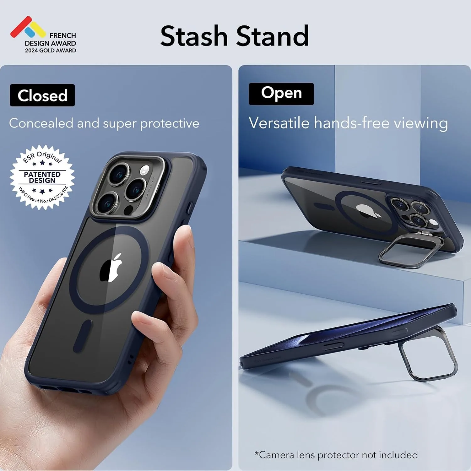 ESR Classic Hybrid Case for iPhone 15 Pro with Flex Stand, Clear Dark Blue