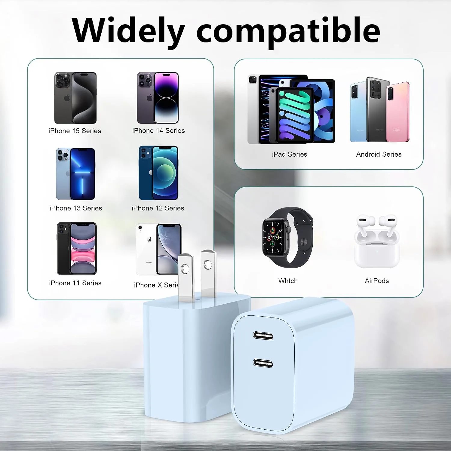 USB C Charger Block 3 Pack, Dual Port 20W Fast Wall Plug(Light Blue)
