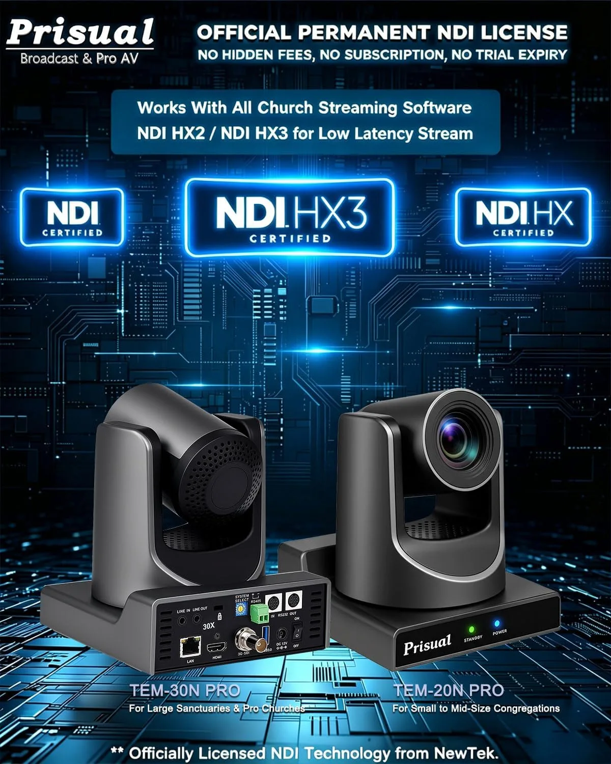 Prisual NDI HX3 PTZ Camera 5th Gen, AI Auto Tracking, 30X Optical Zoom, PoE, 3G-SDI, USB 3.0, LAN, HDMI PTZ Camera for Church Worship, Education, Live Streaming