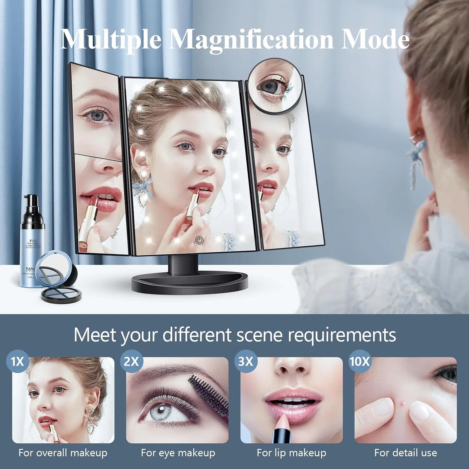 HUONUL 2X/3X/10X Magnifying Vanity Mirror with Light, Trifold Makeup Mirror