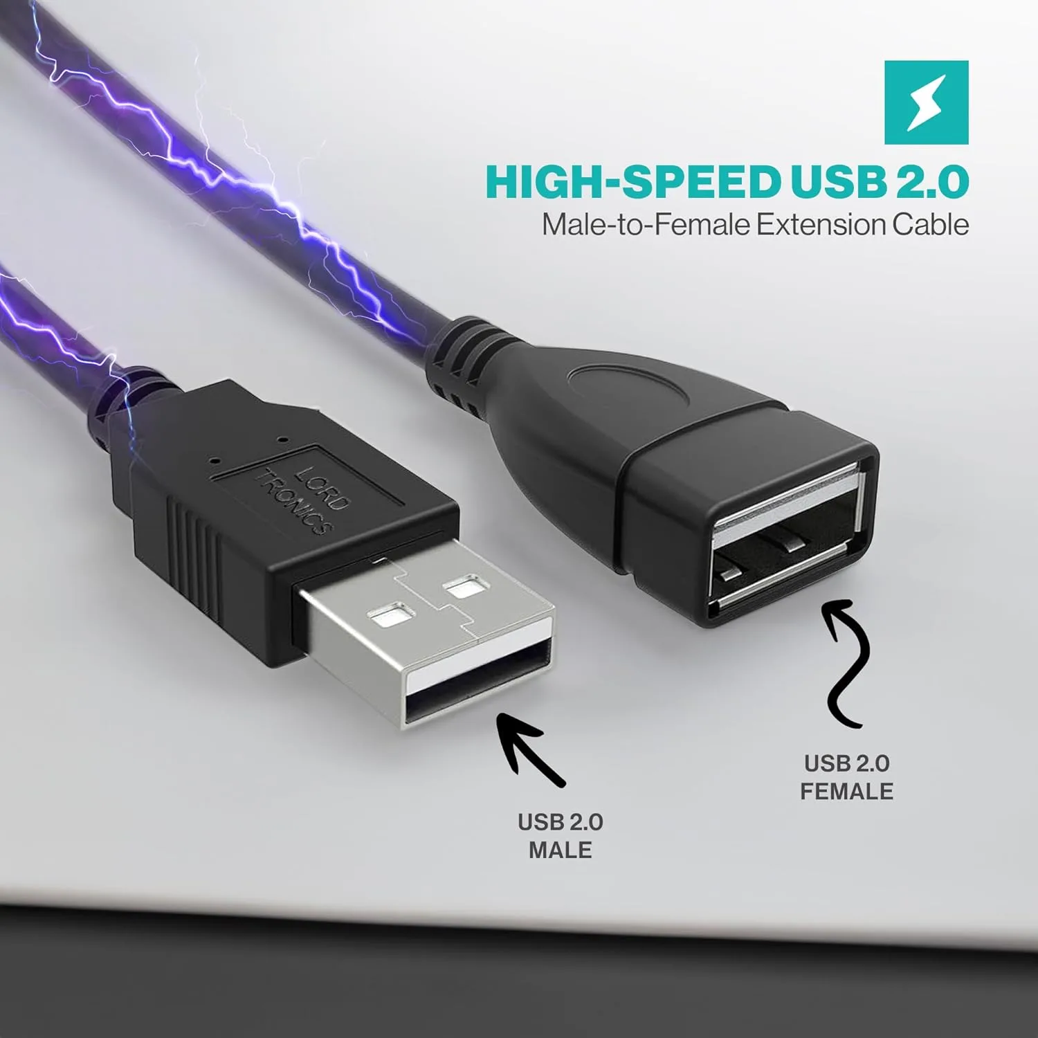 LORDTRONICS 3FT Male to Female Extension Cable USB A Male to USB A Female Data Transfer and Charging Adapter for Keyboard, Mouse, Printer, USB Flash Drive for Multiple Devices, Black