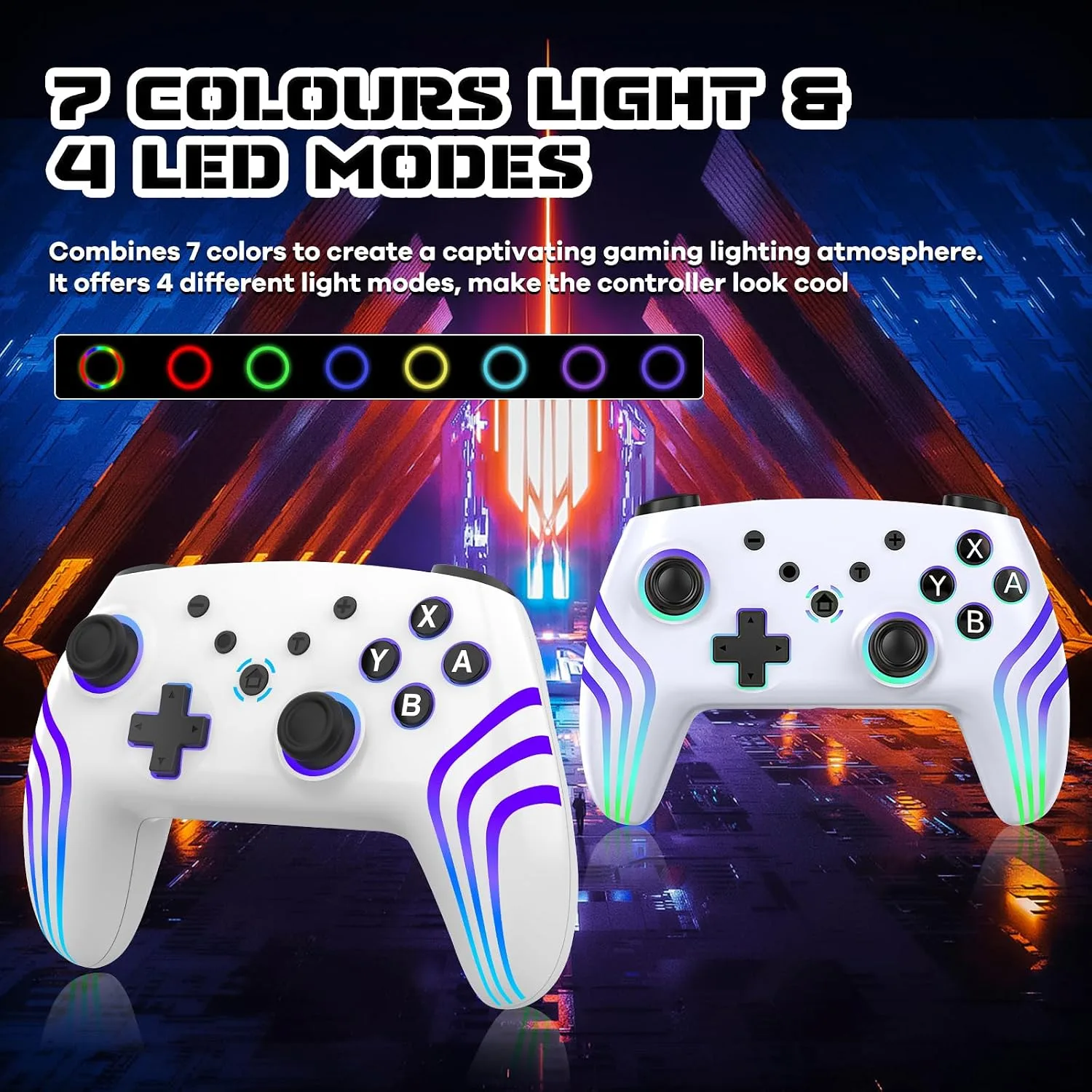 MYSTILUCK Wireless Pro Controller for Switch/Switch 2/Lite/OLED/PC, Gamepad with 7 Color-Changing RGB Lighting/Dual Vibration/6-Axis Gyroscope/Turbo, Ergonomically Designed Precise Joystick - White