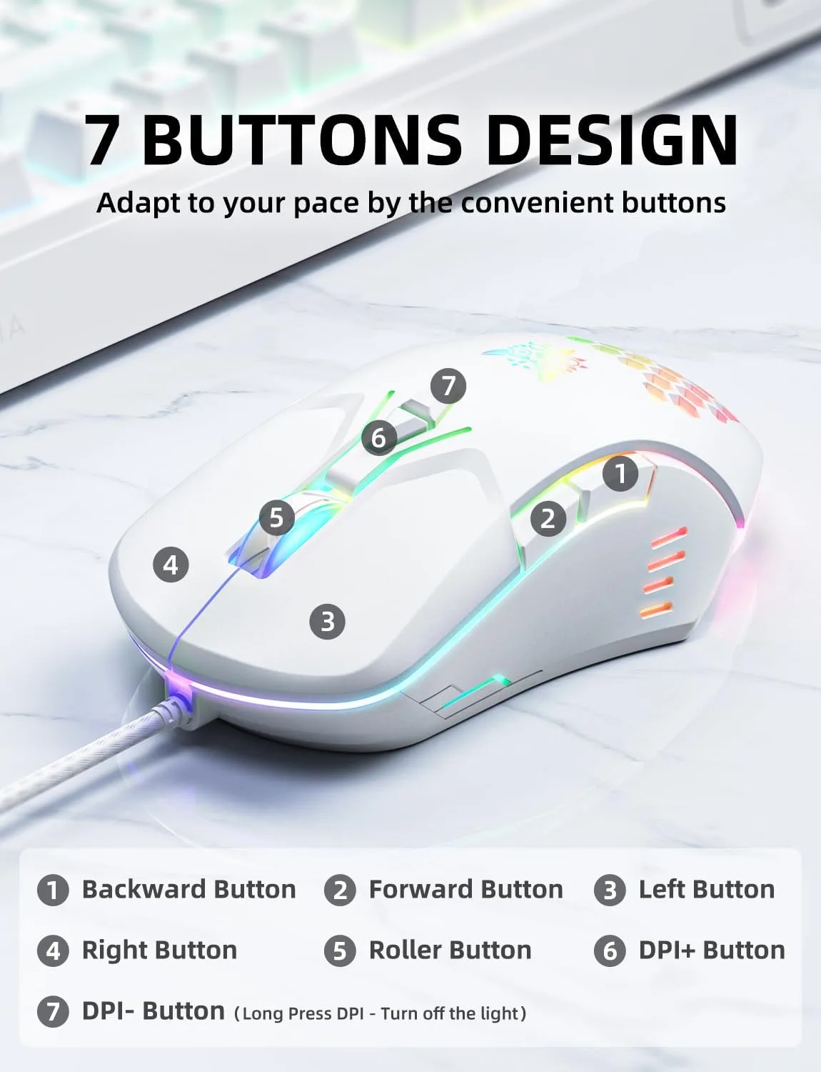 Wired PC Gaming Mouse: High Precision Sensor,RGB Backlit, Adjustable DPI, 7 Buttons Programmable,Ergonomic mice for Office & Gaming on Windows/Mac/Linux/Chrome-White
