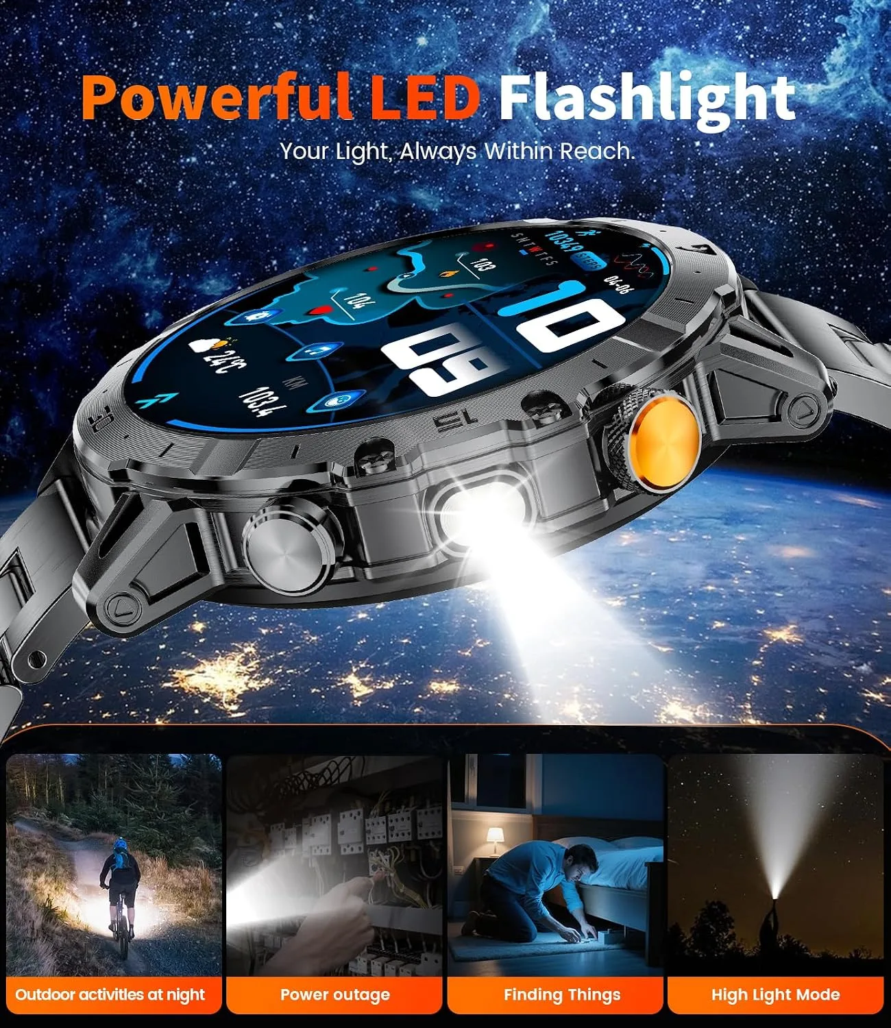 Military Smart Watch for Men, 1000 mAh 60 Days Large Battery, 1.85″ HD Smartwatch with LED Flashlight/IP68/100+ Sport Modes Fitness Tracker, Smart Watches for Android iOS, 3 Straps, Dark Grey