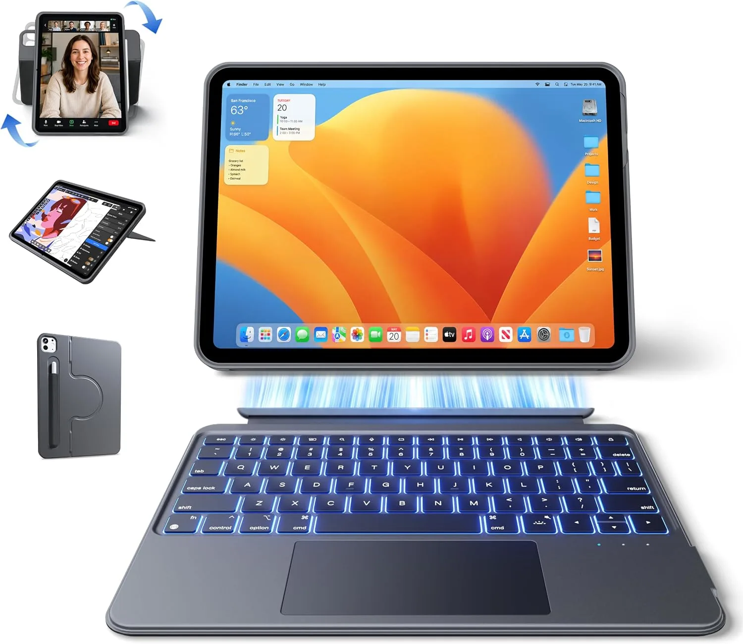 Funda con teclado desmontable y rotatorio 360° Hou para iPad Air 13" y Pro 13"/12.9"