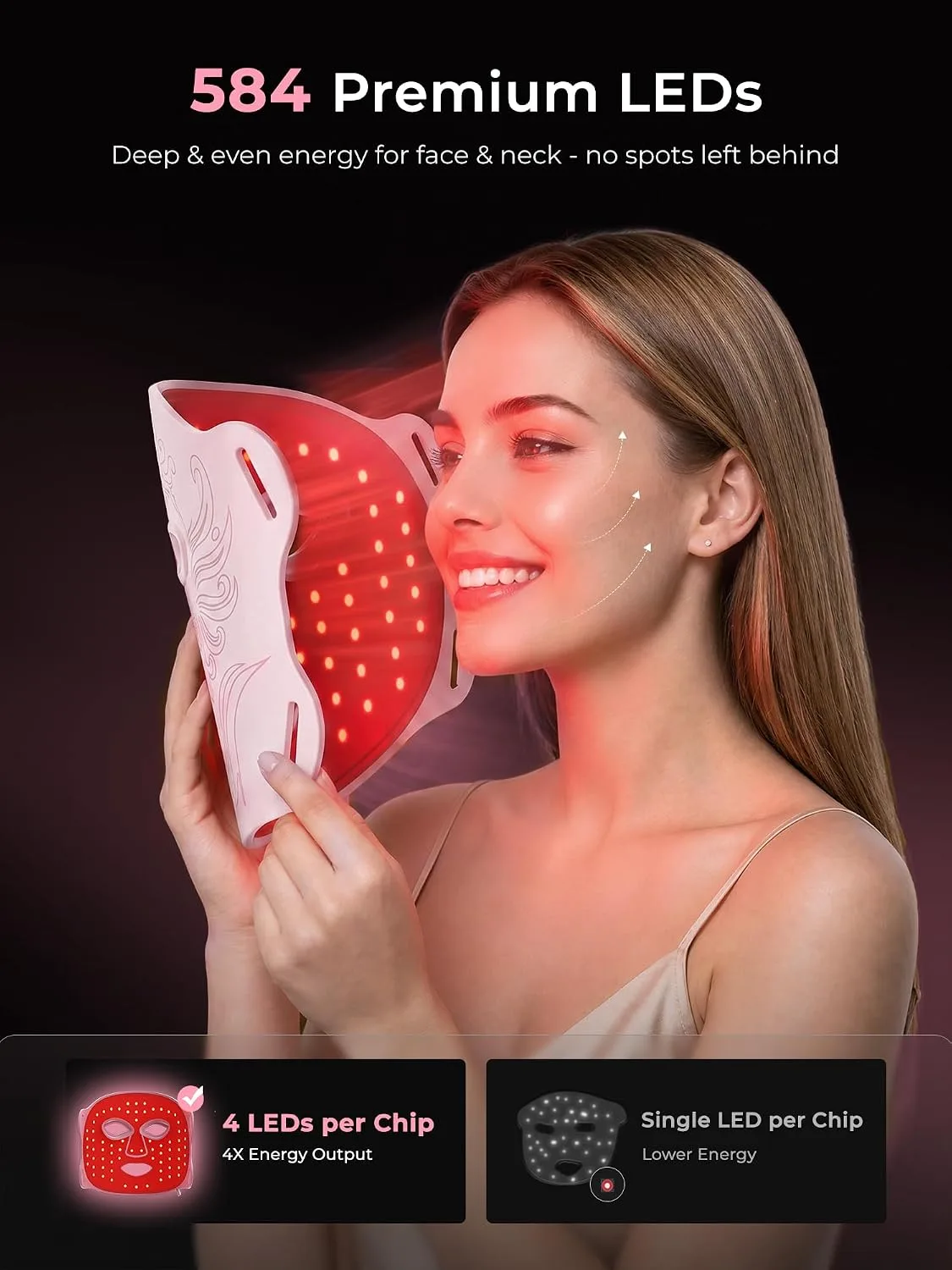 Red Light Therapy for Face & Neck, 850nm NIR LED Face Mask (M09), Rechargeable Light Therapy Mask - 240 Mins Use, Portable Home Skin Care Device for Anti-Aging & Skin Firming, Pink
