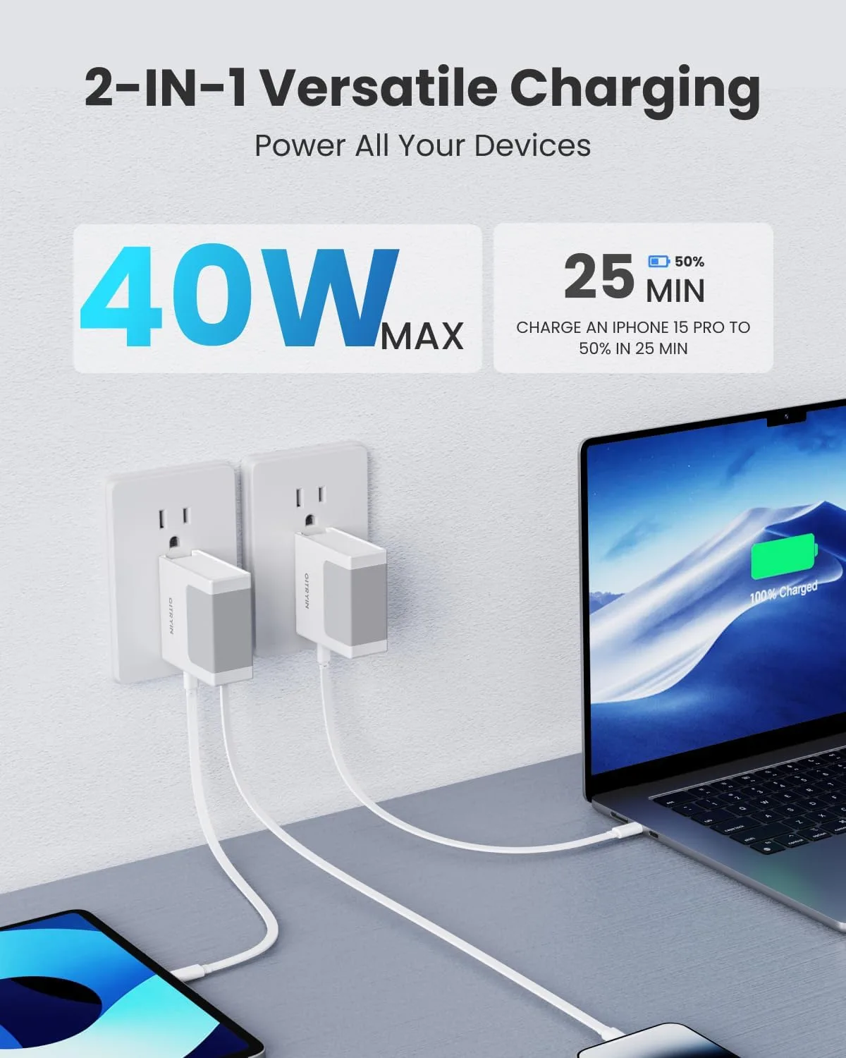 Gitryin 40W Retractable USB Wall Charger, 33.5in Type-C Cable, 2 USBC Ports