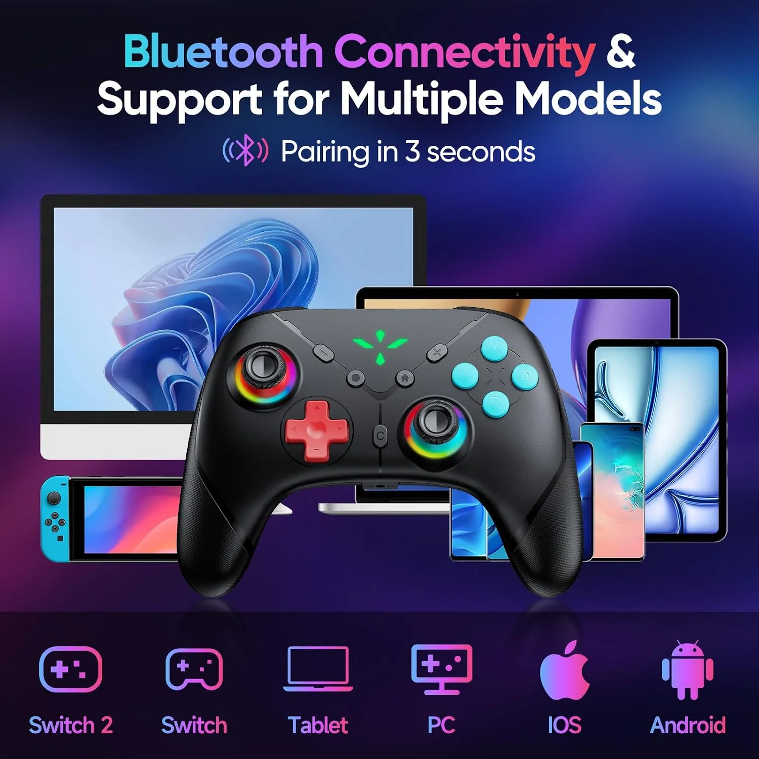 Yommor Wireless Switch 2 Pro Controller for Switch 2/Switch/Lite/PC,Hall Effect Joystick for Switch 2 Pro Controller with Wake-Up/Turbo/Dual Vibration/Programmable,Blcak
