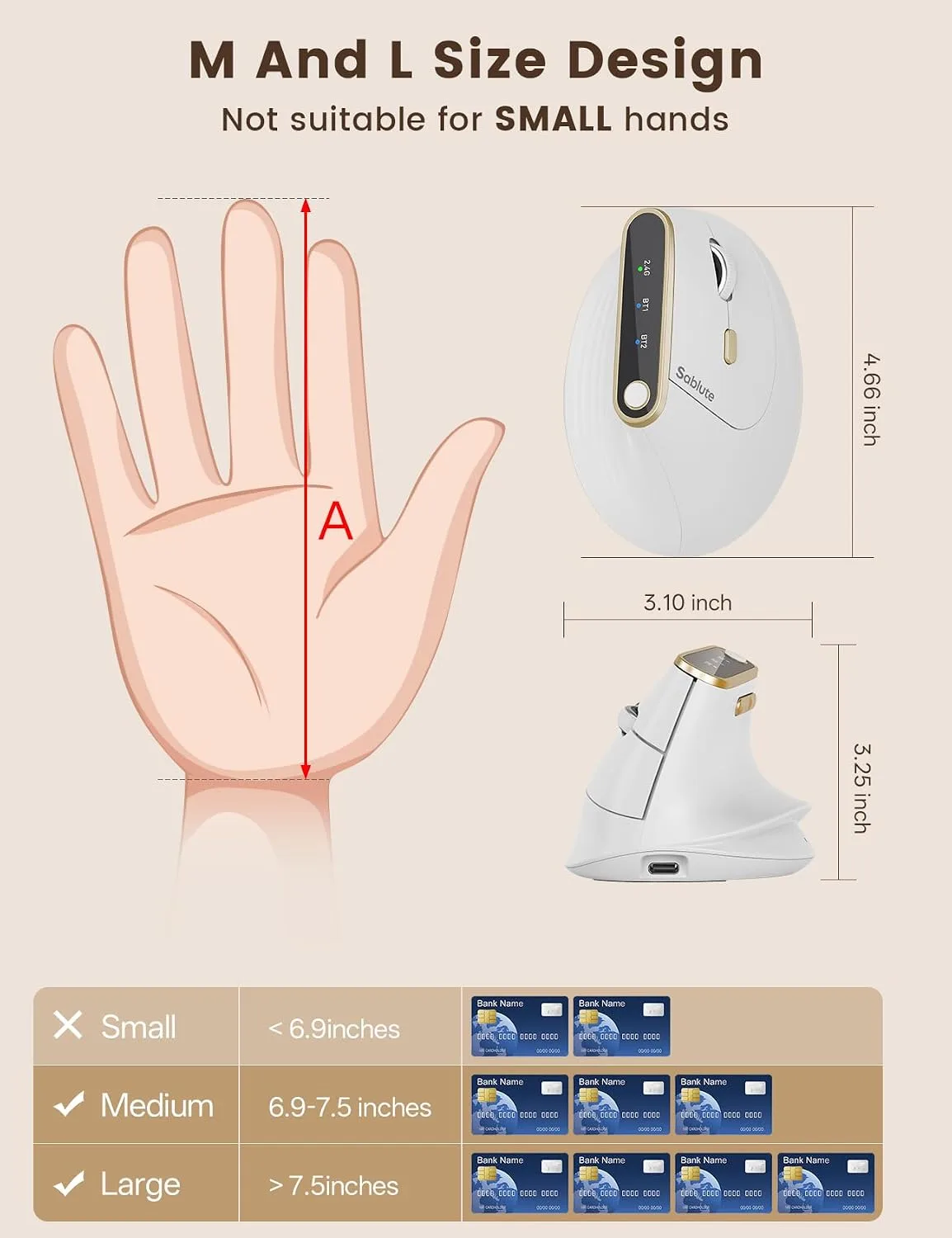 SABLUTE Ergonomic Vertical Wireless Mouse with 3-Device Switching MAM4