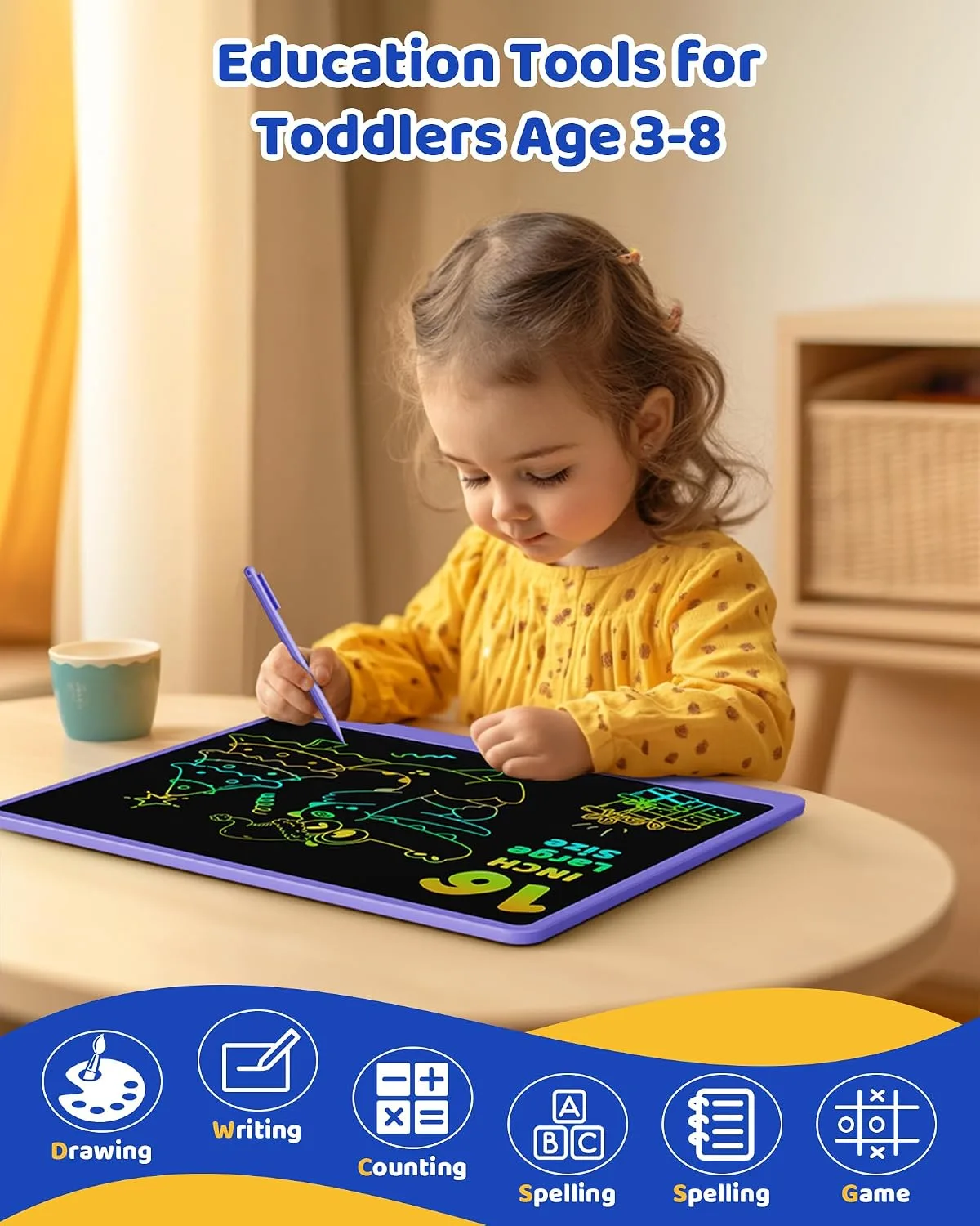 KOKODI LCD Writing Tablet for Kids 16 Inch Colorful Doodle Board, Electronic Drawing Tablet Drawing Pad for Kids, Educational and Learning Kids Toys Gifts for 3 4 5 6 7 8 Year Old Boys and Girls