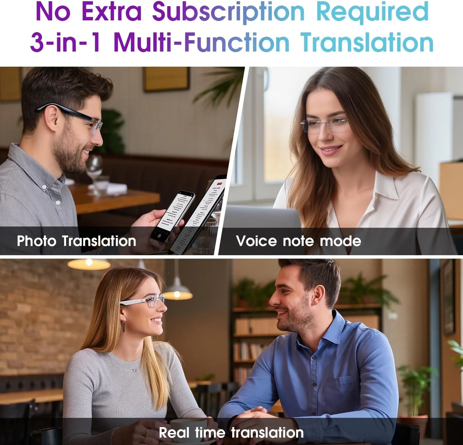 AI Translation Smart Glasses, 164 Languages, Bluetooth Glasses, Gold