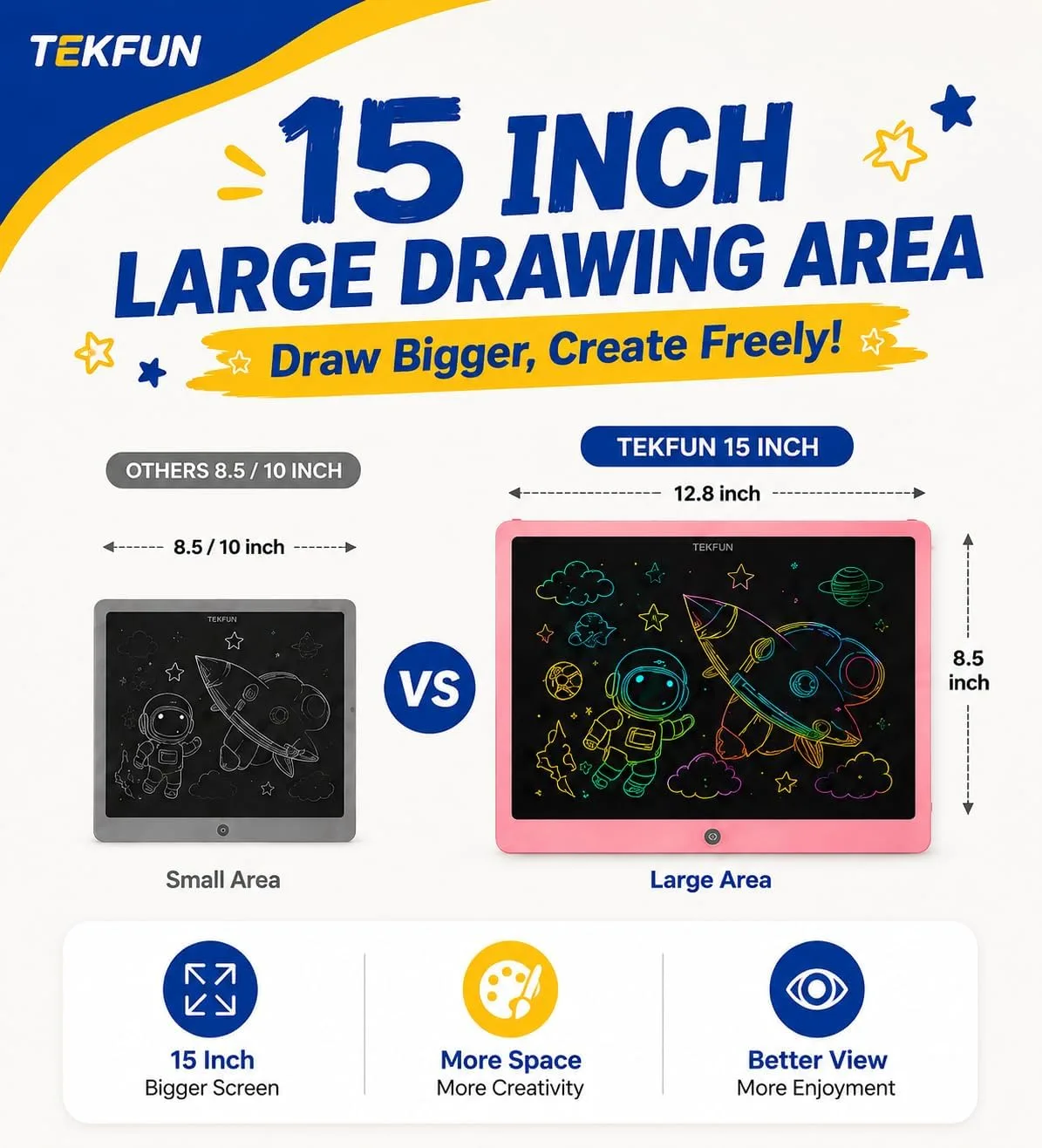 TEKFUN 15 Inch LCD Writing Tablet for Girls Ages 3–12, Large Drawing Tablet for Kids, Screen-Free Writing Pad for Learning Quiet Time, Creative Christmas Gift for 3 4 5 6 7 8 Year Old Girl (Pink)