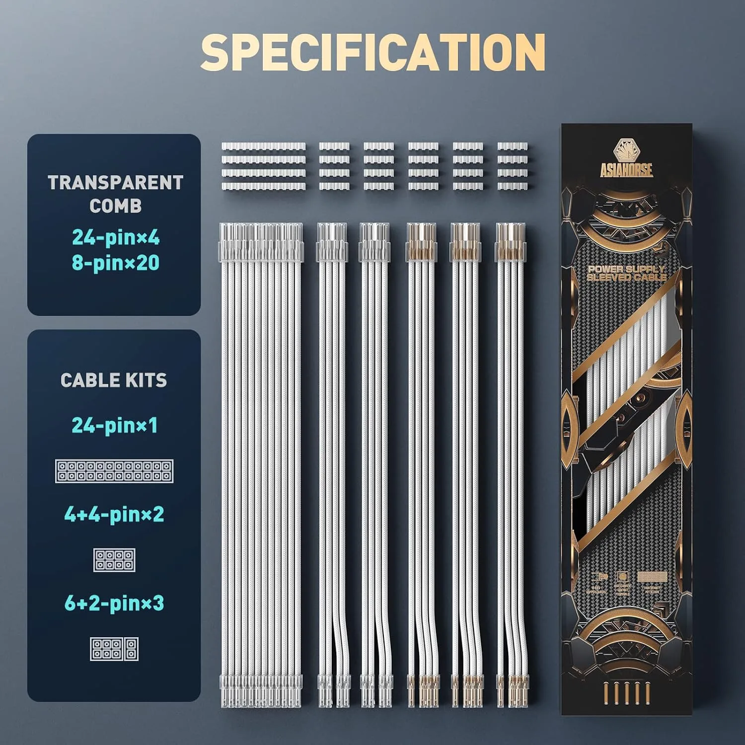 AsiaHorse PSU Cable Extension Kit of Clear Connector, 24Pin/4+4 EPS/6+2 PCI-E 16AWG ATX Power Supply Sleeved Cable Kit for Two-Way CPU Performance, 30CM Length with White Combs