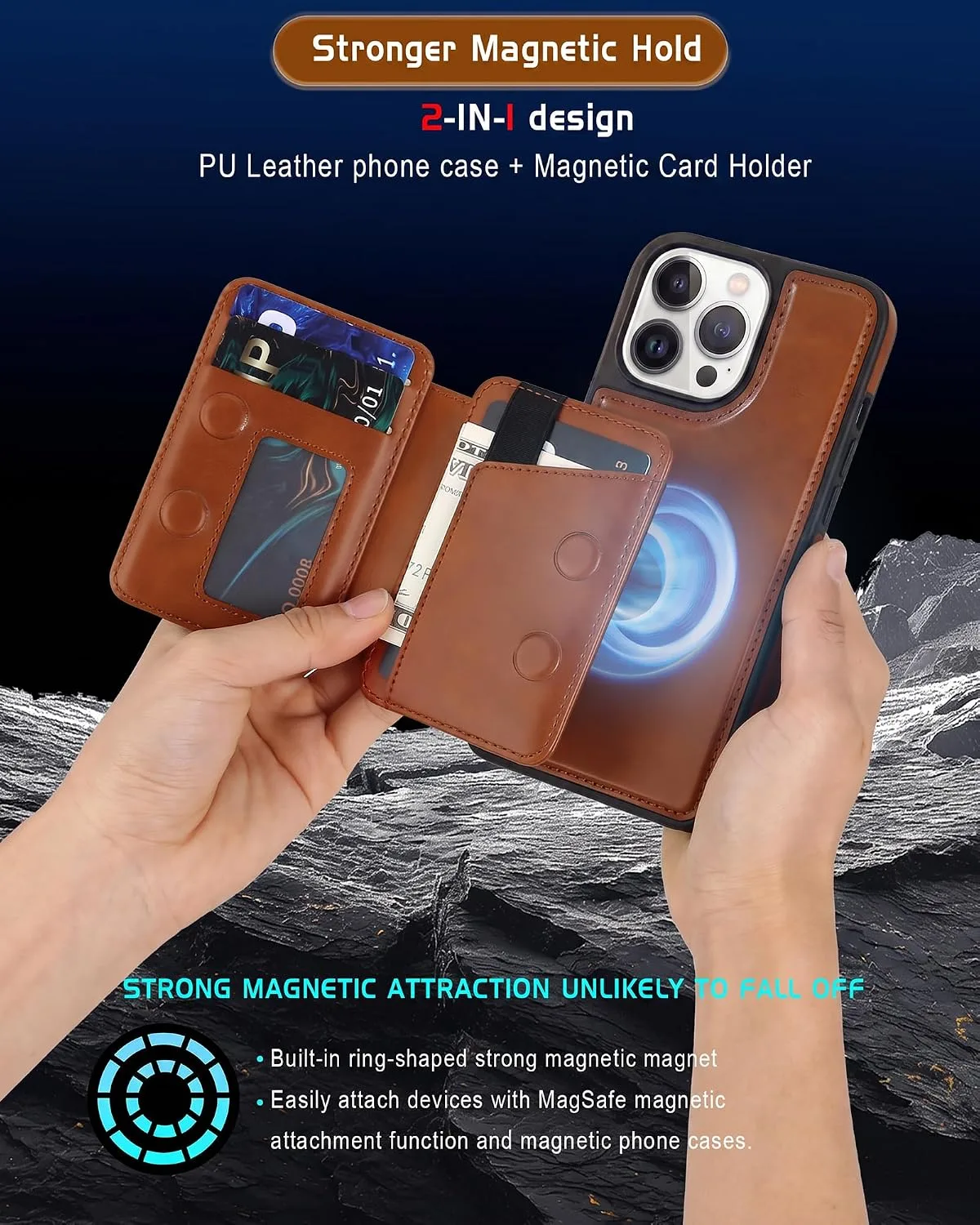 Magnetic Detachable Wallet Case for iPhone 13 Pro Max with Kickstand,2-in-1 MagSafe Compatible RFID Blocking Card Holder,Slim PU Leather Cover Brown