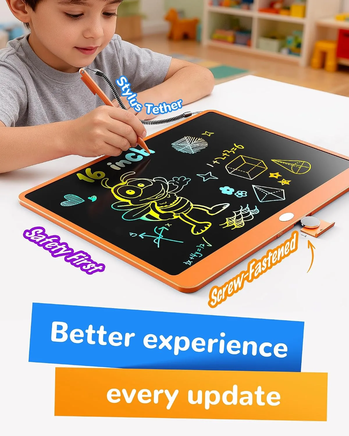 KOKODI LCD Writing Tablet, 16 Inch Colorful Toddler Doodle Board Drawing Tablet, Erasable Reusable Electronic Drawing Pads, Educational and Learning Toy for 3-6 Years Old Boy and Girls(Orange)