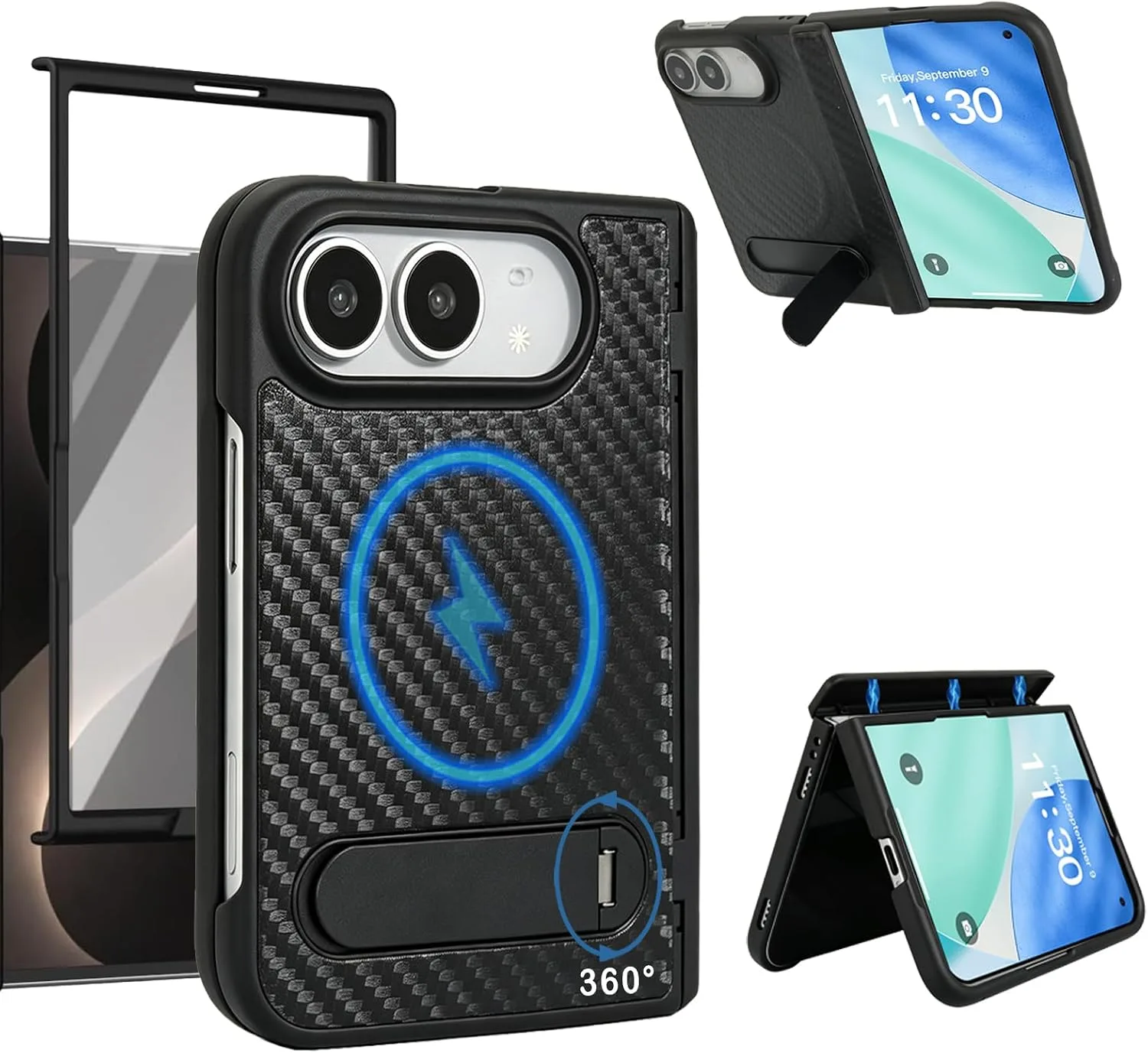 Magnetic Stand for iPhone Duo/Ultra Case Compatible with MagSafe, Built-in Screen Protector & Kickstand & Spring Hinge Protection, Carbon Fiber Texture Leather Phone Cover for iPhone Duo Black