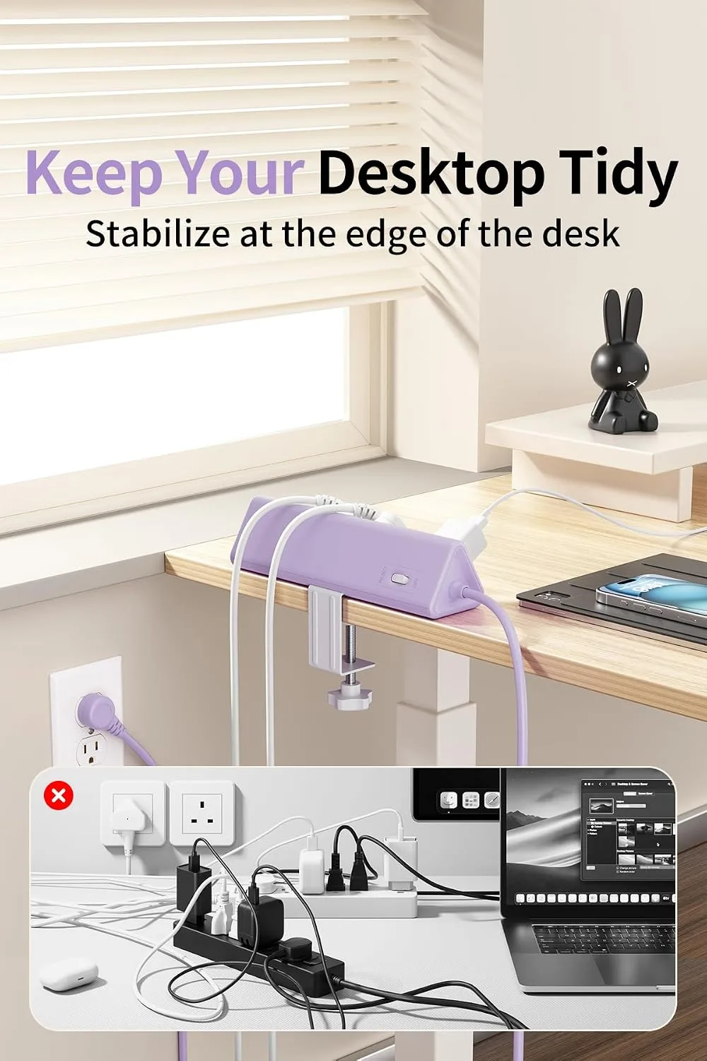 AnnTane Desk Clamp Power Strip USBC, 40W Fast Charging, 6.5 Ft, Purple