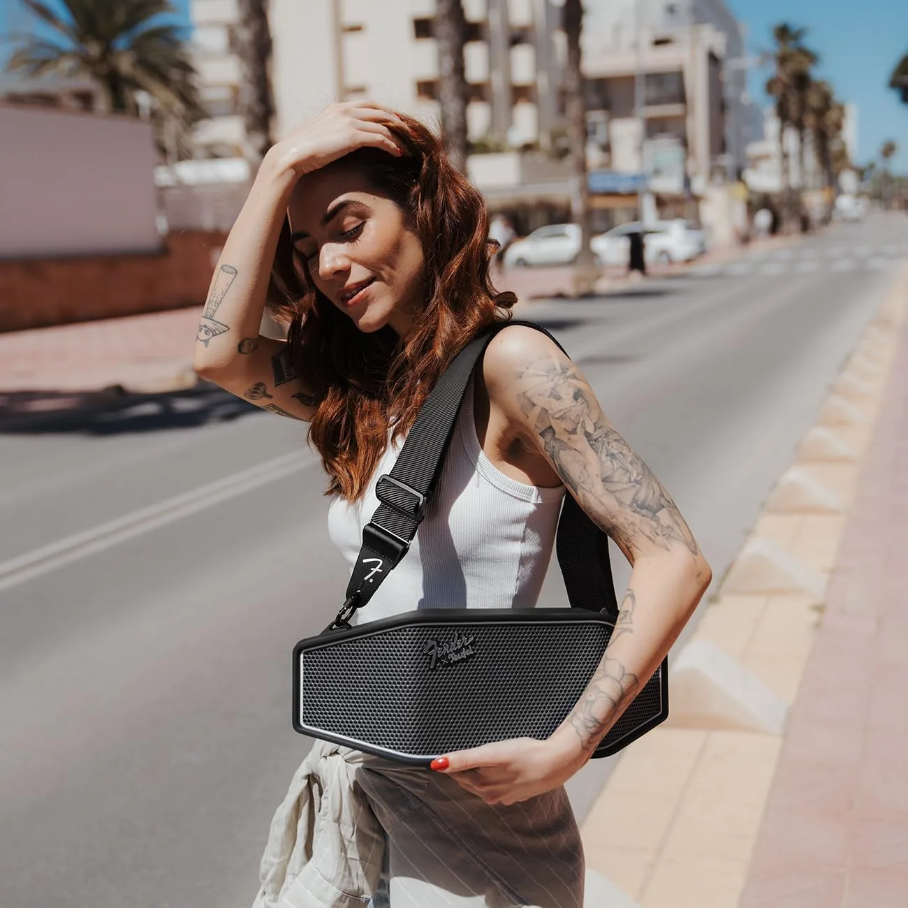 Fender x Teufel ROCKSTER CROSS Portable Wireless Bluetooth Speaker – Rugged, Waterproof, 16 Hours of Battery, Powerful Stereo Sound, Subwoofer, Built-in Power Bank, Fender Guitar Strap (Black & Steel)