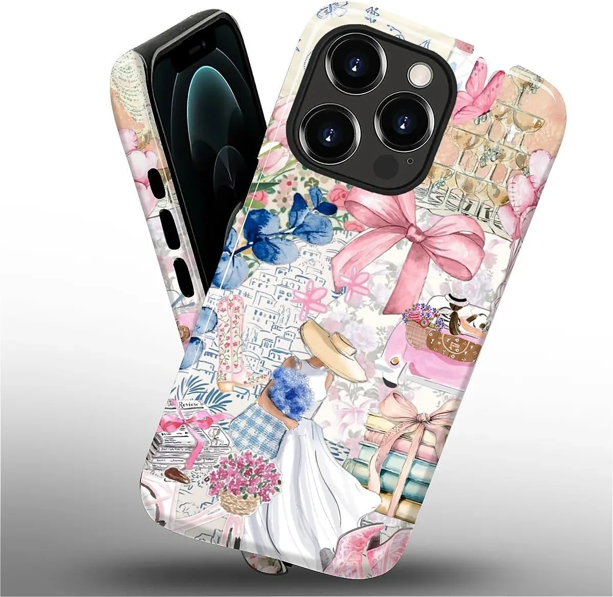 DAIZAG Case for iPhone 12 Pro Max,Mixed 2 Layer Design Shockproof Soft TPU Ddouble Protection Phone Case for iPhone 12 Pro Max-Magazine Books Flower Bow Collage