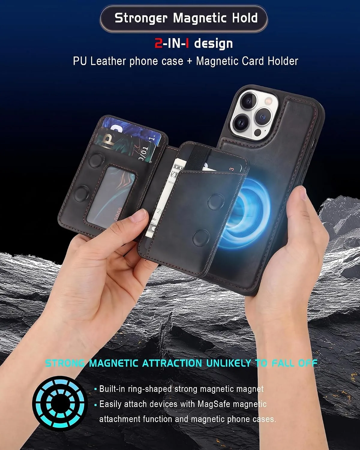 Magnetic Detachable Wallet Case for iPhone 12/12 Pro with Kickstand,2-in-1 MagSafe Compatible RFID Blocking Card Holder,Slim PU Leather Cover Black