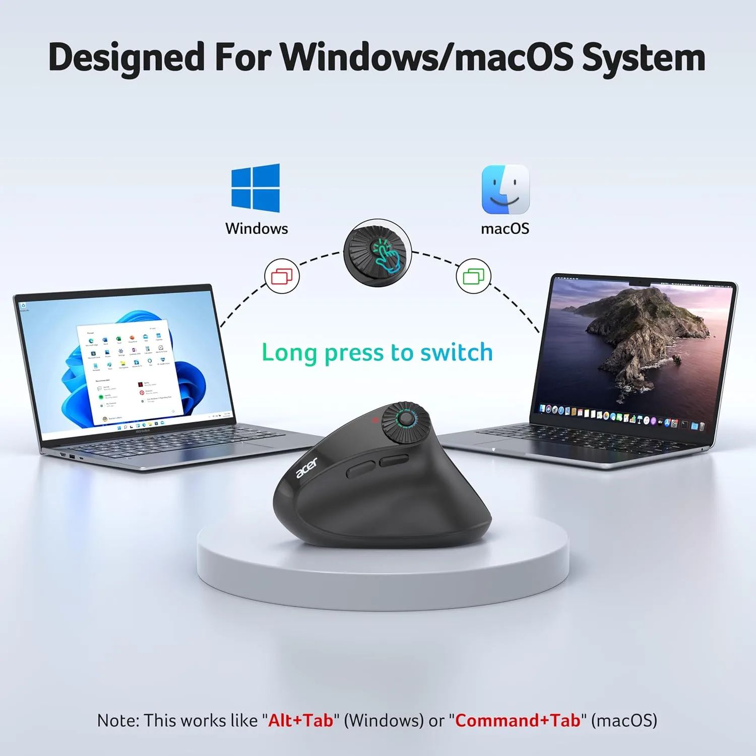 Acer Ergonomic Mouse Wireless with Side Scroll, Bluetooth Mouse for Laptop