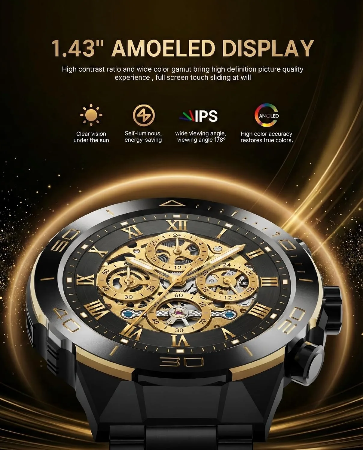 SOUYIE Men's Smart Watch with Bluetooth Call, 1.43" AMOLED Round Dial