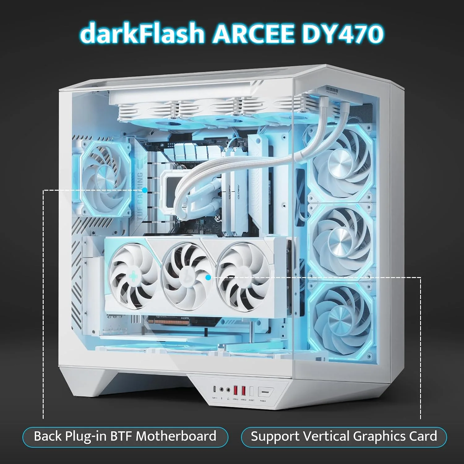 darkFlash DY470 Full-Tower ATX Gaming PC Case with 4 PWM ARGB Fans, White