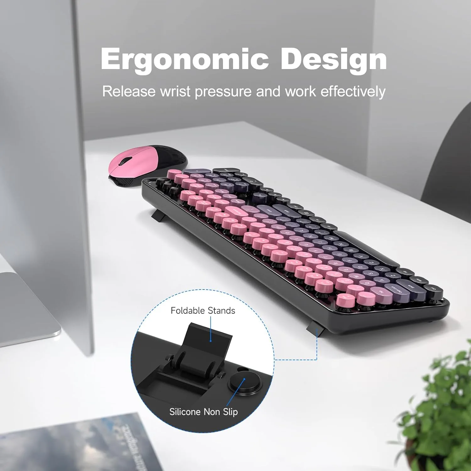 MOFII Wireless Keyboard and Mouse Combo, Full Size 2.4G Plug and Play Typewriter Retro Round Computer Keyboard and Mouse Set for Windows, Computer, Desktop, PC, Notebook - (Plum Pink Gradient)