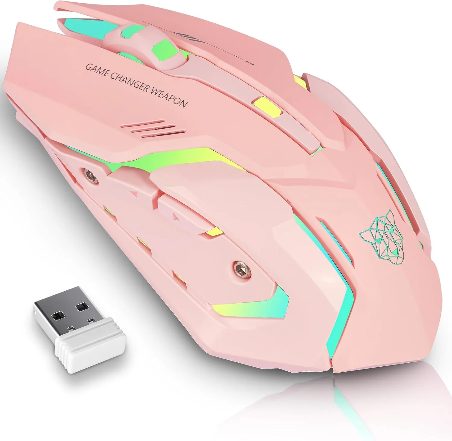 Mouse Gamer Inalámbrico Lacolain Recargable con Carga Rápida Type-C 3 DPI Ajustables 6 Botones Silenciosos LED Rosa